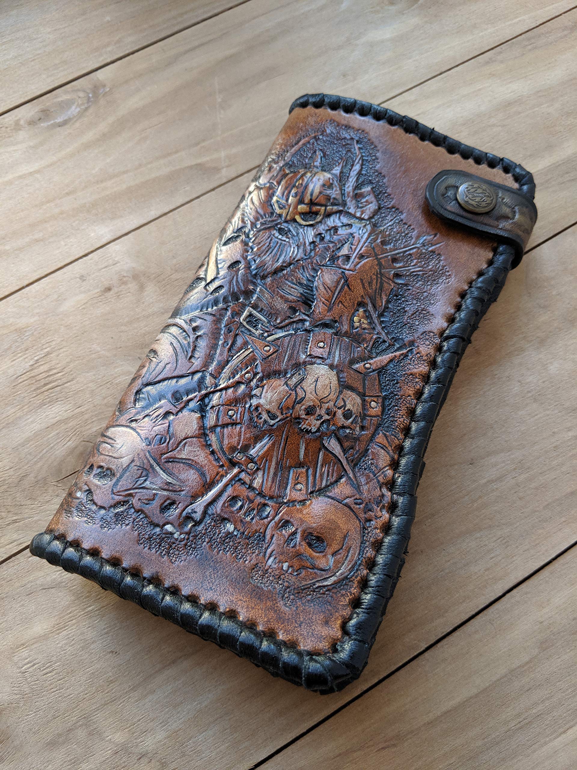 Viking Warriors 3D Genuine Leather Wallet for Men - Odin, Axe, Rune & Skull Design - Handmade Biker Wallet with Airbrush Art - Custom Long Leather Wallet - Perfect for Motorcycle Riders, Collectors & Gift Giving