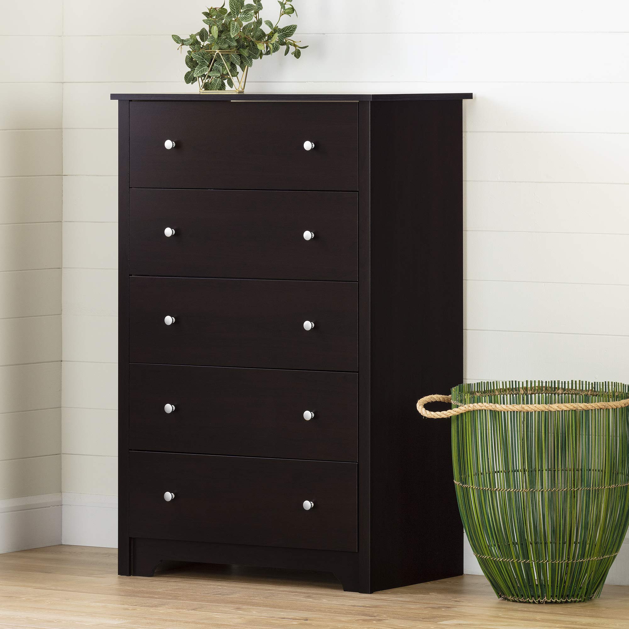 South Shore Vito Collection 5-Drawer Dresser in Chocolate Finish with Matte Nickel Handles - Perfect for Bedroom Storage and Organization
