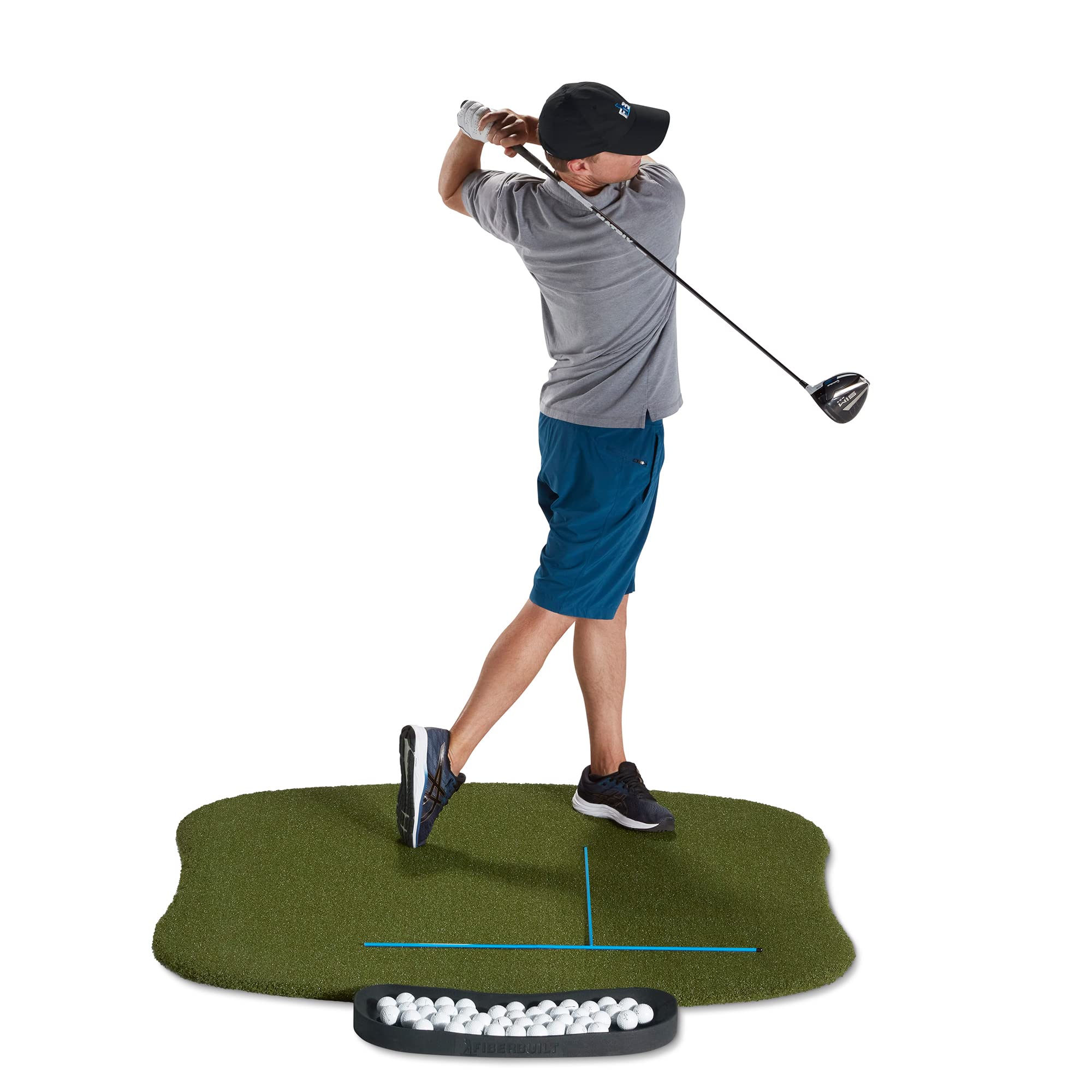 Premium Fiberbuilt Golf Hourglass Hitting Mat - Non-Slip Rubber Foam Base for Indoor/Outdoor Practice | Includes 4 Alignment Sticks & Ball Tray | Perfect for Home Garage, Backyard & Driving Range Training