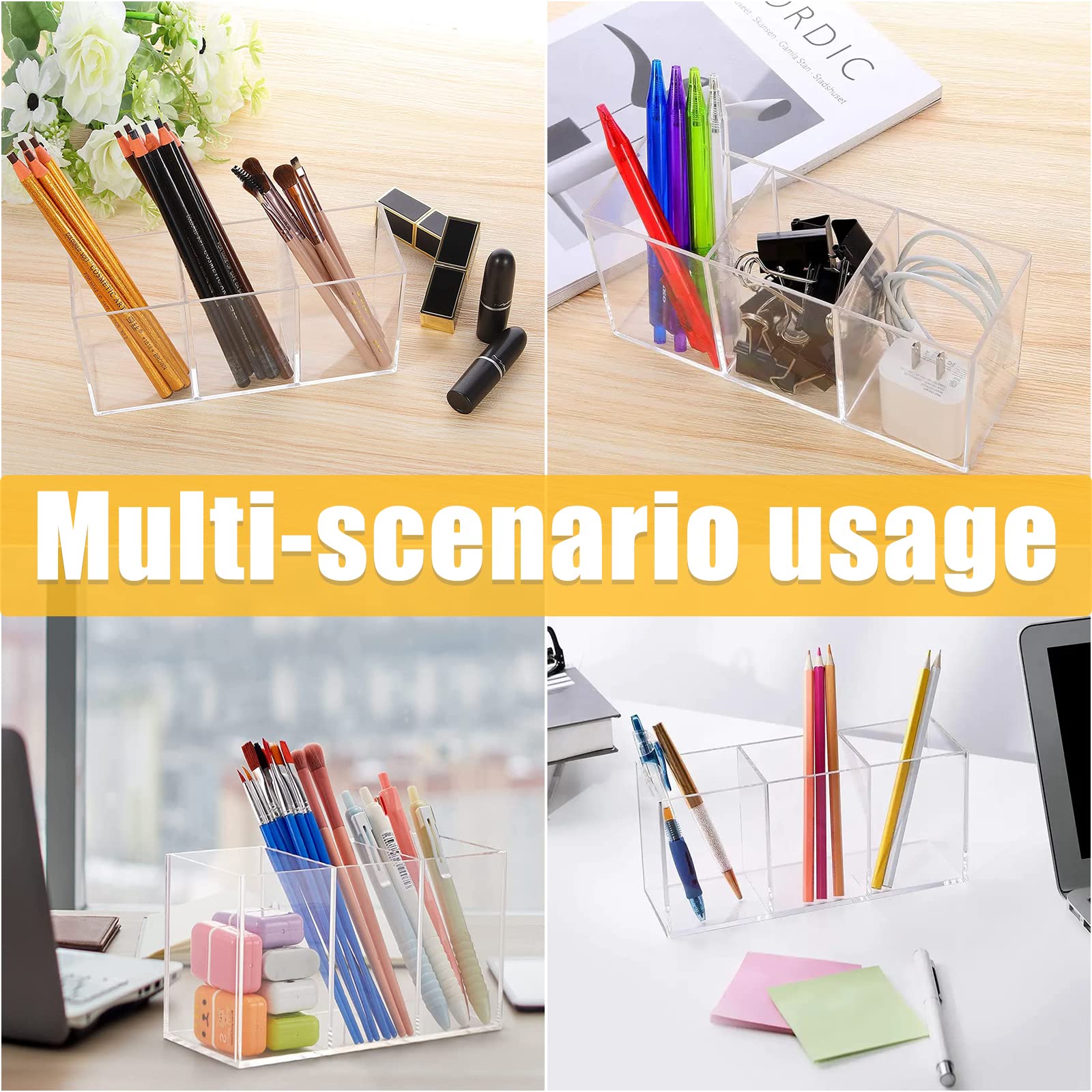 Clear Acrylic Makeup Brush Organizer - 3-Slot Cosmetic Brush Storage Holder with Pencil Pen Compartment | Perfect for Vanity, Desk Organization & Beauty Accessories Storage
