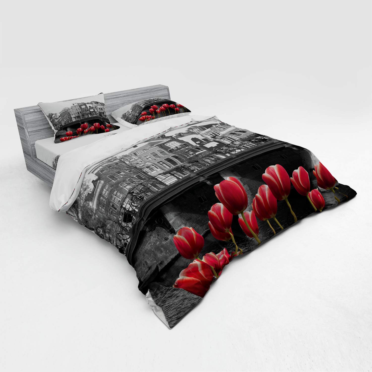 Ambesonne Black and White Duvet Cover Set - Monochrome Amsterdam Canal Photo with Red Tulips & Houses - 4 Piece King Size Bedding Set with Shams & Fitted Sheet - Perfect for Modern Bedroom Decor & Guest Room Styling