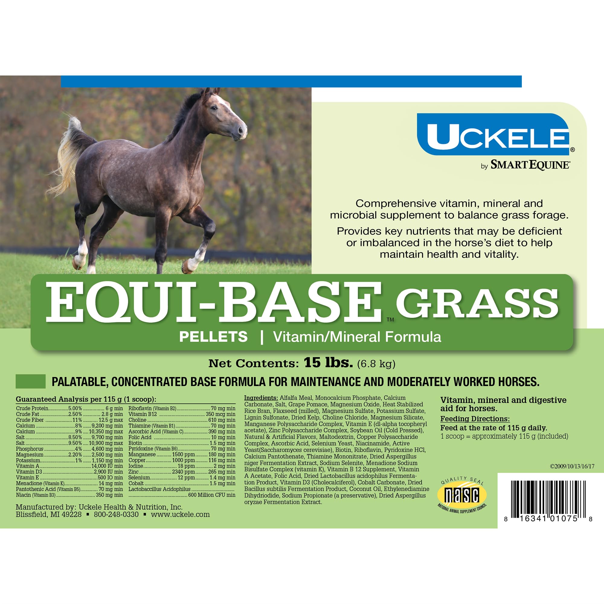 SmartEquine EquiBase Grass Pellets - Premium Horse Vitamins & Minerals Supplement | Forage Balancer for Light to Moderate Work Horses | 15 lb Bucket | Ideal for Pasture Grazing & Stable Feeding