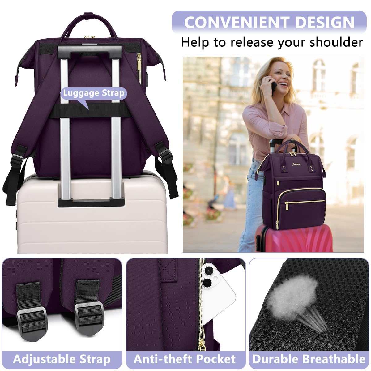 Stylish Dark Purple 15.6 Inch Waterproof Laptop Backpack for Women - Professional Work Bag with USB Port, Ideal for Travel, Nursing, Teaching, and Daily Commute