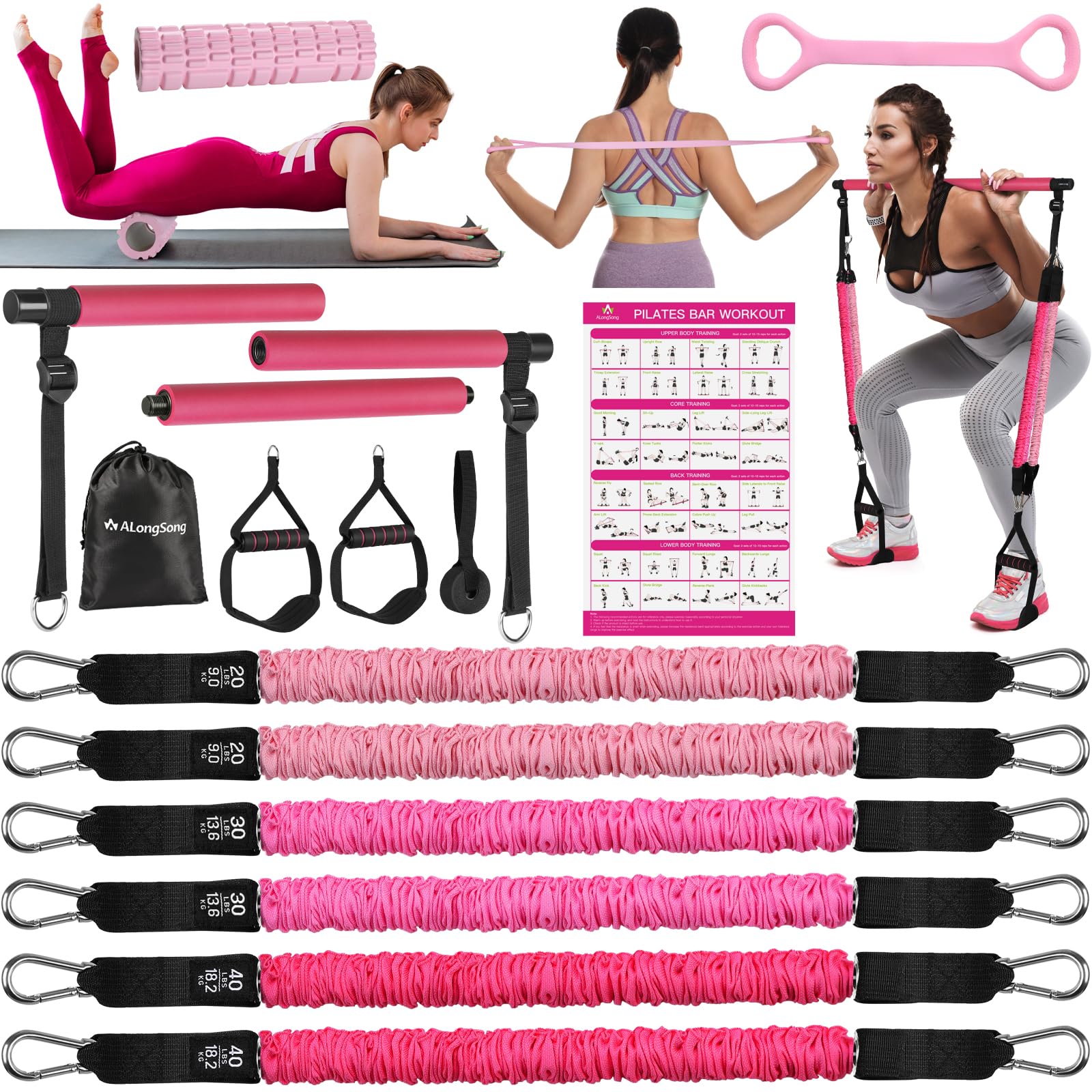 Premium Pilates Bar Kit with Resistance Bands - Natural Latex Fitness Equipment for Women & Men | Heavy-Duty Stainless Steel Yoga Stick for Home Gym, Full-Body Workouts | Perfect for Strength Training, Toning & Rehabilitation Exercises