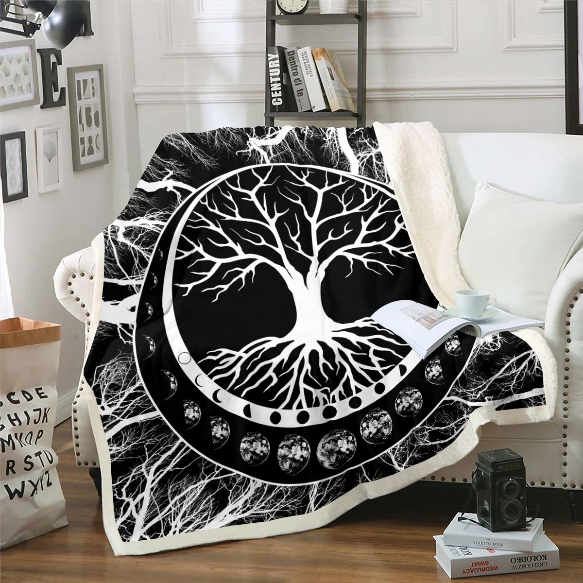 Erosebridal Tree of Life Fleece Blanket - Moon Phase Sherpa Throw Blanket for Couch, Sofa & Bed Decor - Soft Plush Fluffy Botanical 3D Print Blanket in Black & White - Perfect for Cozy Nights, Home Decor & Gift Giving