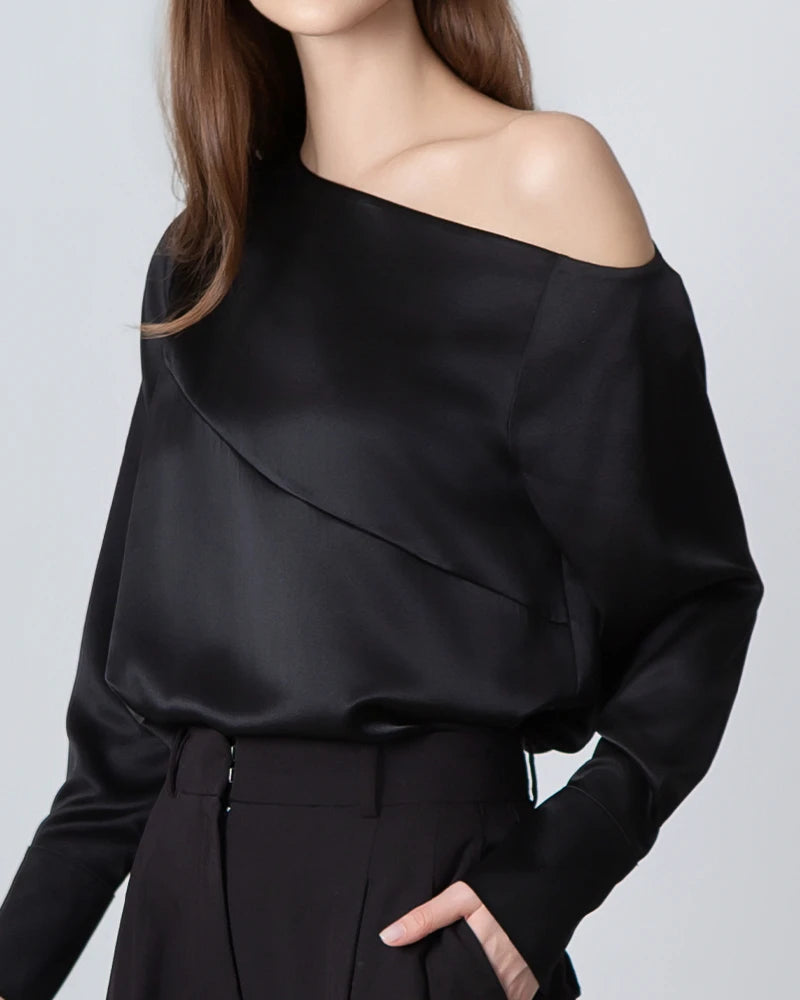 Elegant One Shoulder Long Sleeve Silk Blouse for Women - Luxury Party Wear & Evening Dress - Perfect for Date Nights, Cocktail Parties & Special Occasions