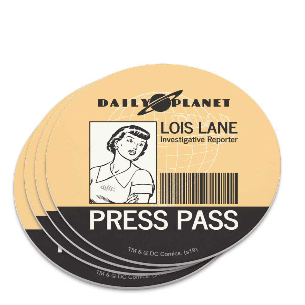 Superman Lois Lane Press Pass Novelty Coaster Set - 4-Piece Drink Coasters for Superman Fans - Perfect for Home Bar, Office Desk & Comic Book Themed Parties