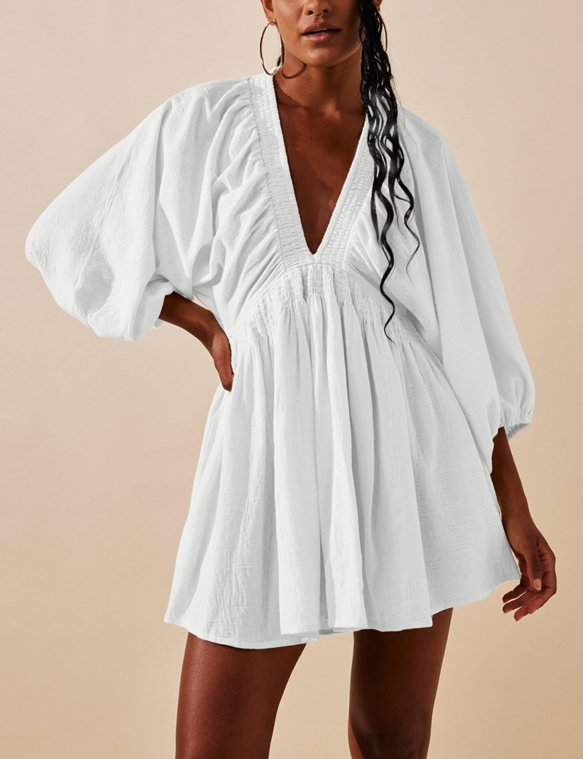 TikoMiko Women's 3/4 Sleeve V-Neck Tunic Dress - Casual Loose Flowy Mini Babydoll Dress for Spring & Summer 2025 | Perfect for Beach Outings, Brunch Dates & Weekend Getaways