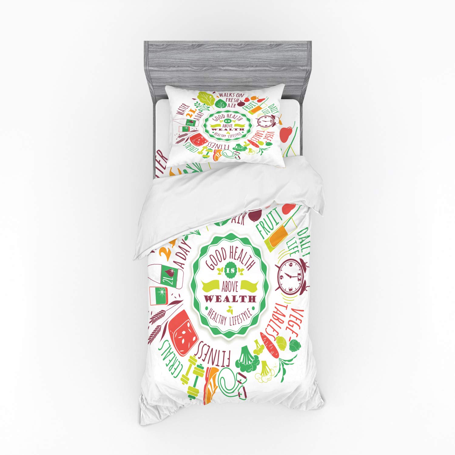 Ambesonne 3-Piece Fitness Bedding Set - Cartoonish Veggies & Exercise Graphic, Twin Size Duvet Cover with Sham & Fitted Sheet, Multicolor | Perfect for Gym Lovers, Healthy Lifestyle Enthusiasts & Dorm Room Decor