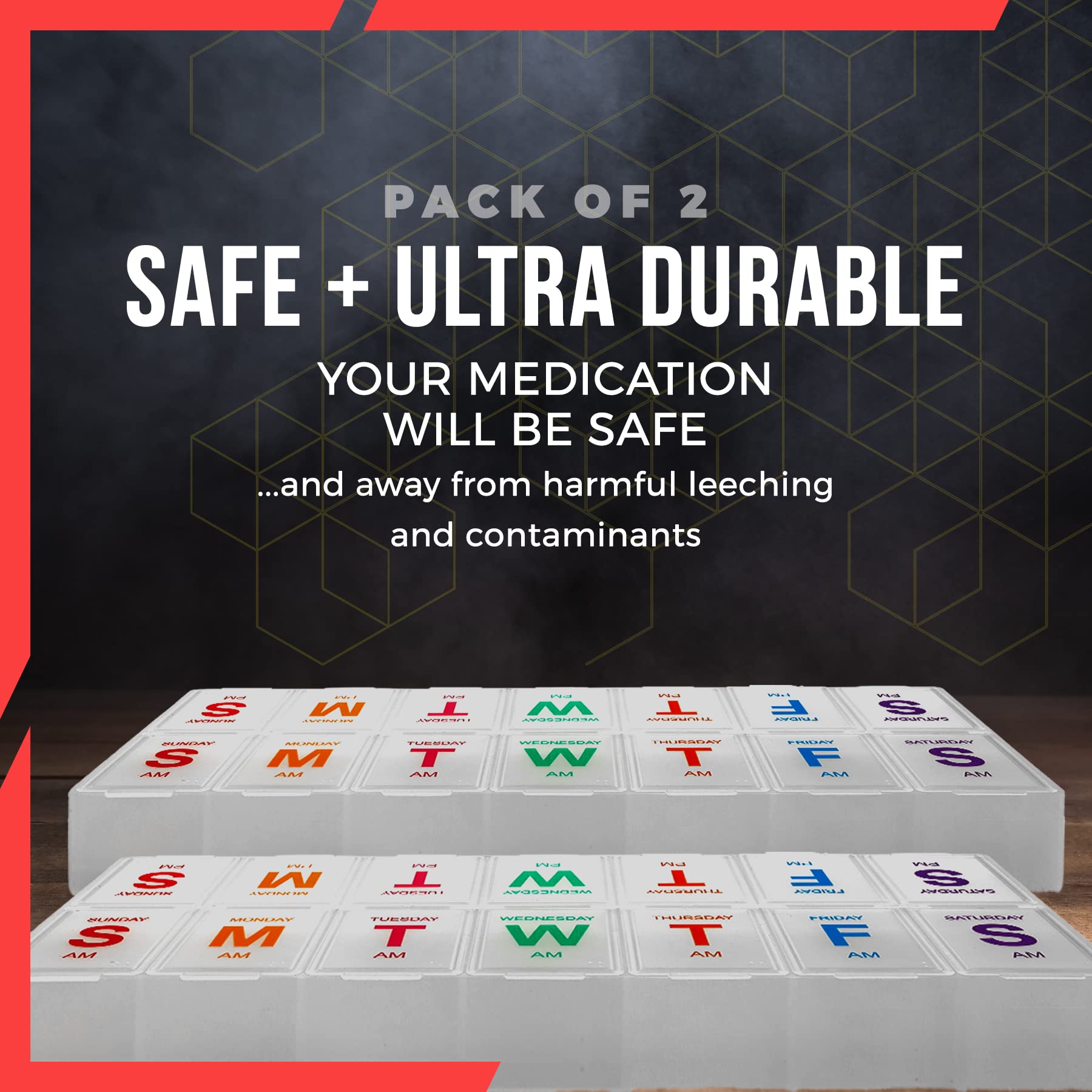 Large Weekly Pill Organizer (2 Pack) - AM/PM XL 7-Day Pill Box with Braille - Easy to Read Daily Medication & Vitamin Organizer for Pills, Supplements - Perfect for Travel, Elderly Care & Health Management