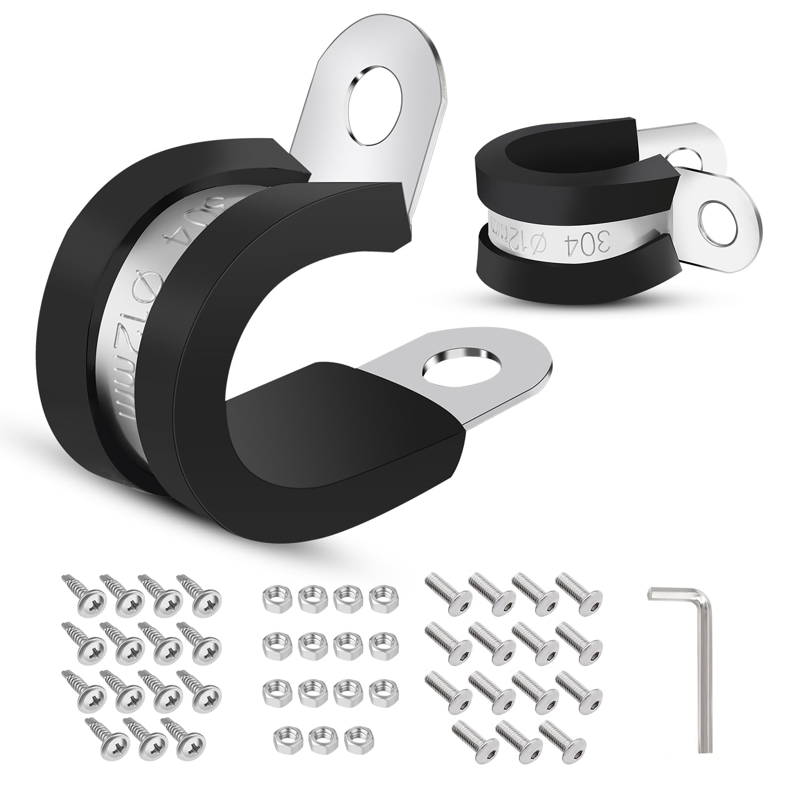 76PCS 1/2 Inch (12mm) 304 Stainless Steel Cable Clamps with Rubber Lining - Heavy Duty Hose Clamps for Pipe, Wire, Automotive & Marine Applications - Includes 2 Types of Screws for Secure Installation