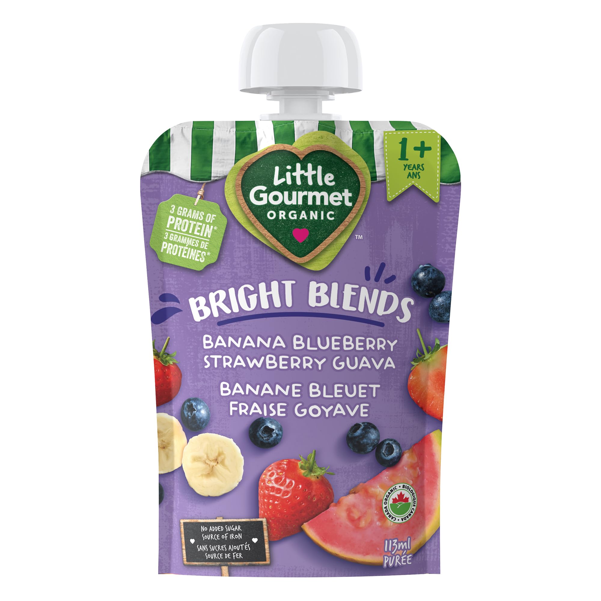 Little Gourmet Organic Bright Blends Baby Food Pouches - Banana Blueberry Strawberry Guava - No Added Sugar, Non-GMO, Gluten-Free, Vegan (12 Pack, 4oz/113ml) | Healthy Snack for Babies & Toddlers | Perfect for On-the-Go, Daycare & Travel