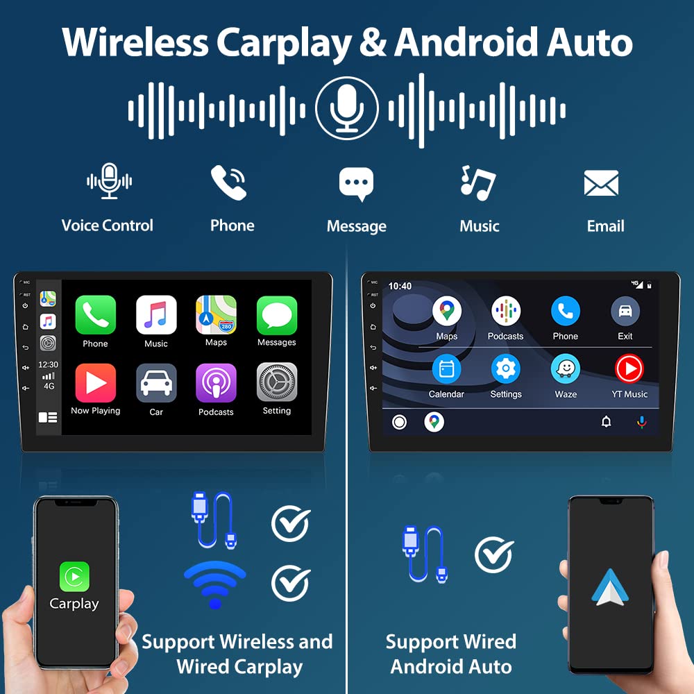 Hikity 10.1 Inch Android 13 Double Din Car Stereo with Wireless CarPlay - 2GB RAM 32GB ROM, GPS, Bluetooth, WiFi, FM, Mirror Link, SWC, Backup Camera & Microphone - Perfect for Seamless Navigation, Hands-Free Calling & Entertainment in Your Vehicle