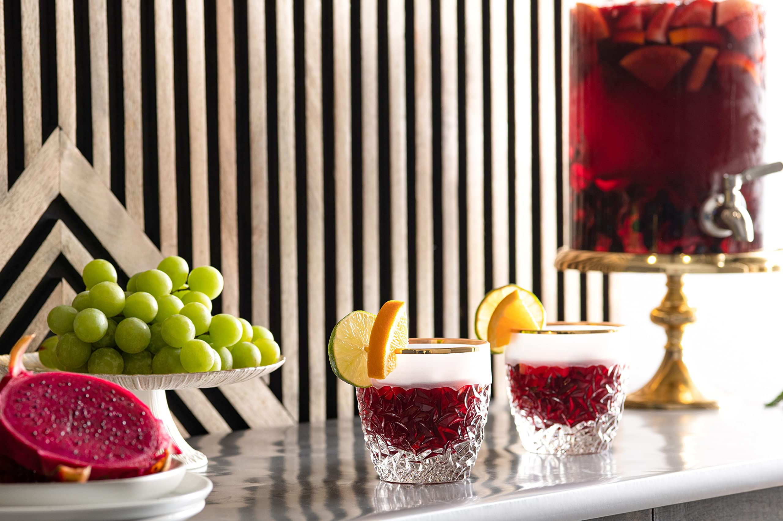 Premium European Crystal Glass Set of 6 - 12 oz Double Old Fashioned Tumblers with Frosted Crack Design & Gold Band - Elegant Barware for Cocktails, Whiskey & Home Entertaining - Made in Europe