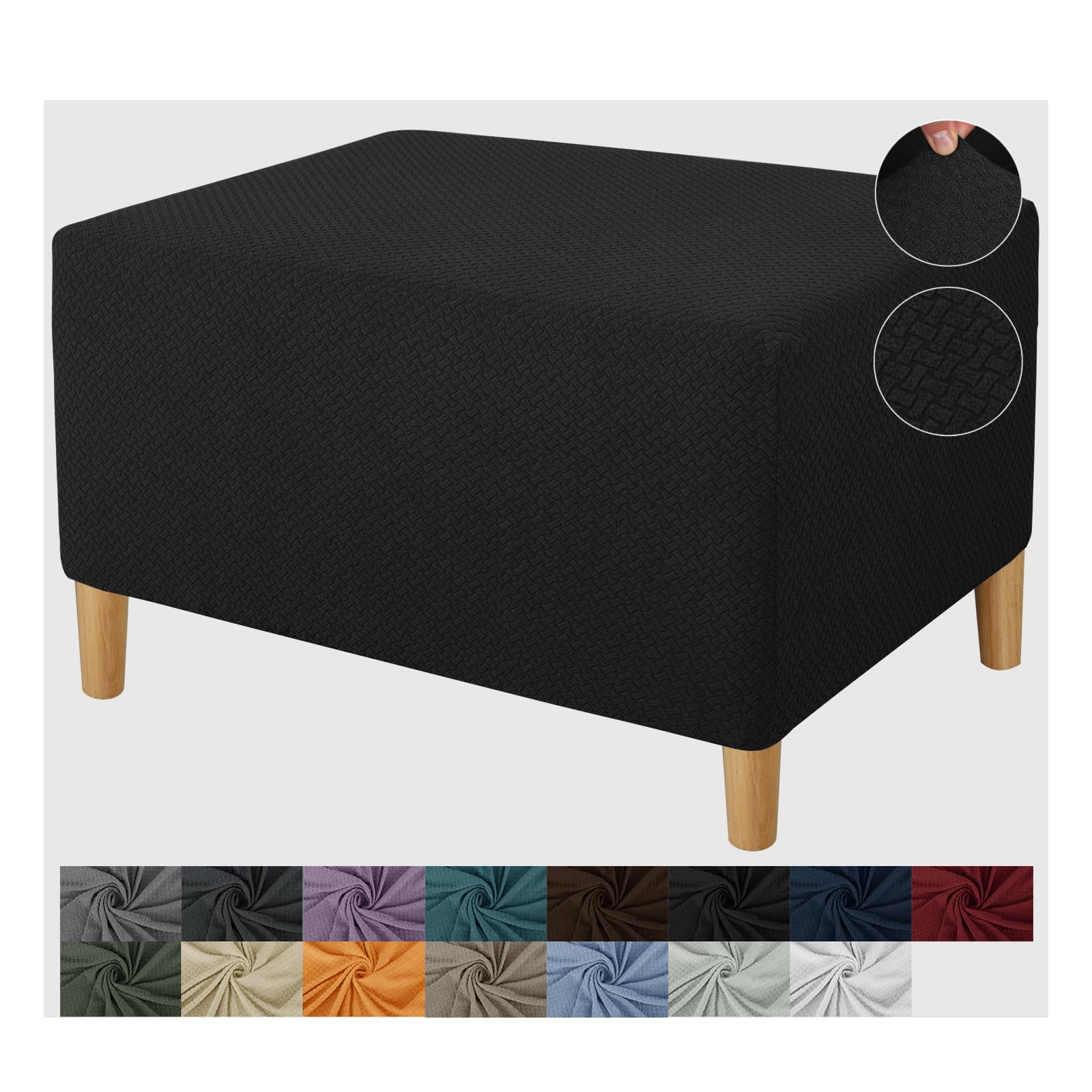 JIVINER Rectangle Stretch Ottoman Slipcover - Soft Furniture Protector with Elastic Bottom for Folding Storage Footstool (Large, Black) | Perfect for Living Room, Bedroom & Home Decor