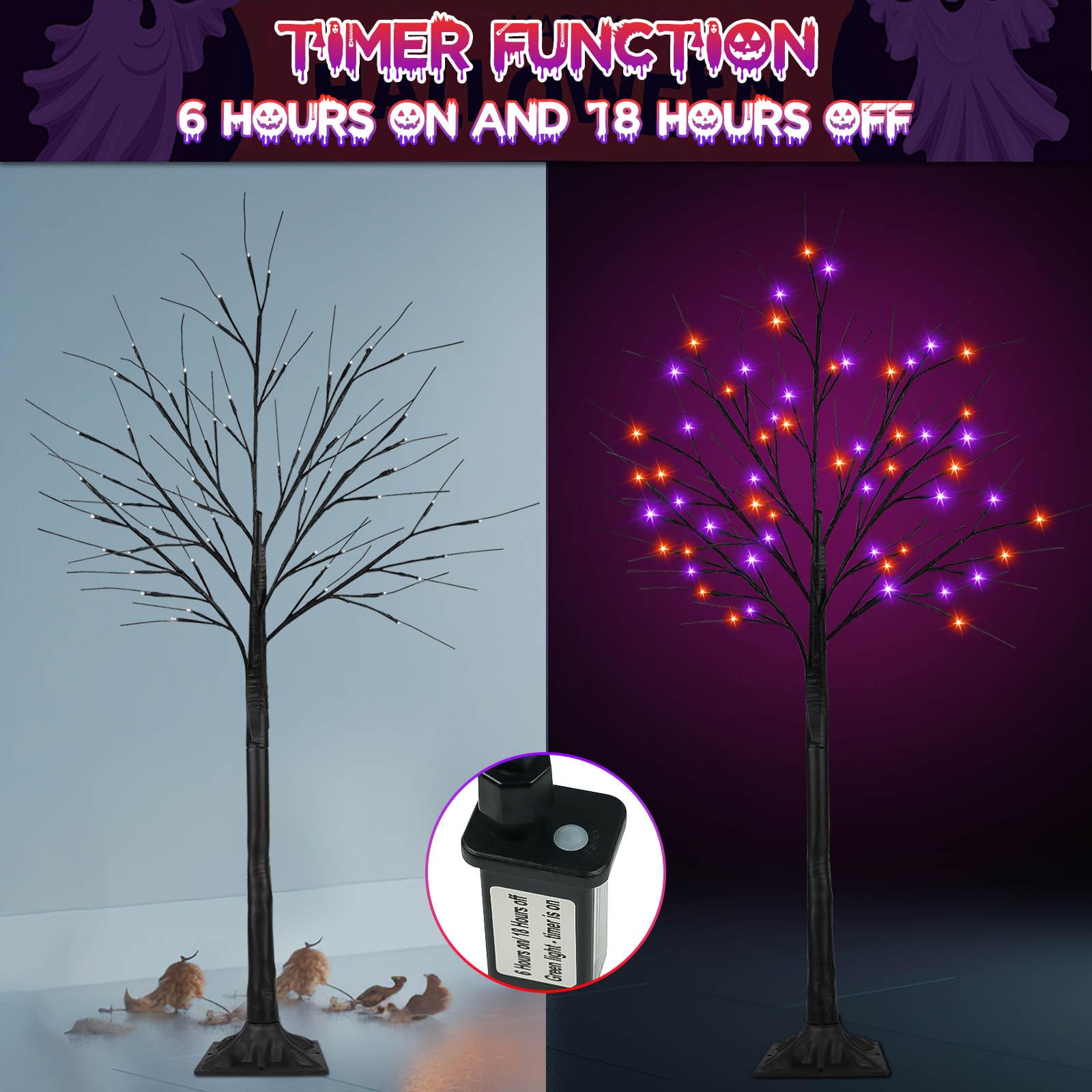 2-Pack 6FT 300LED Black Halloween Tree Lights with Timer - Purple & Orange Spooky Lights for Indoor/Outdoor Halloween Decorations | Perfect for Yard, Porch, Party & Haunted House Displays