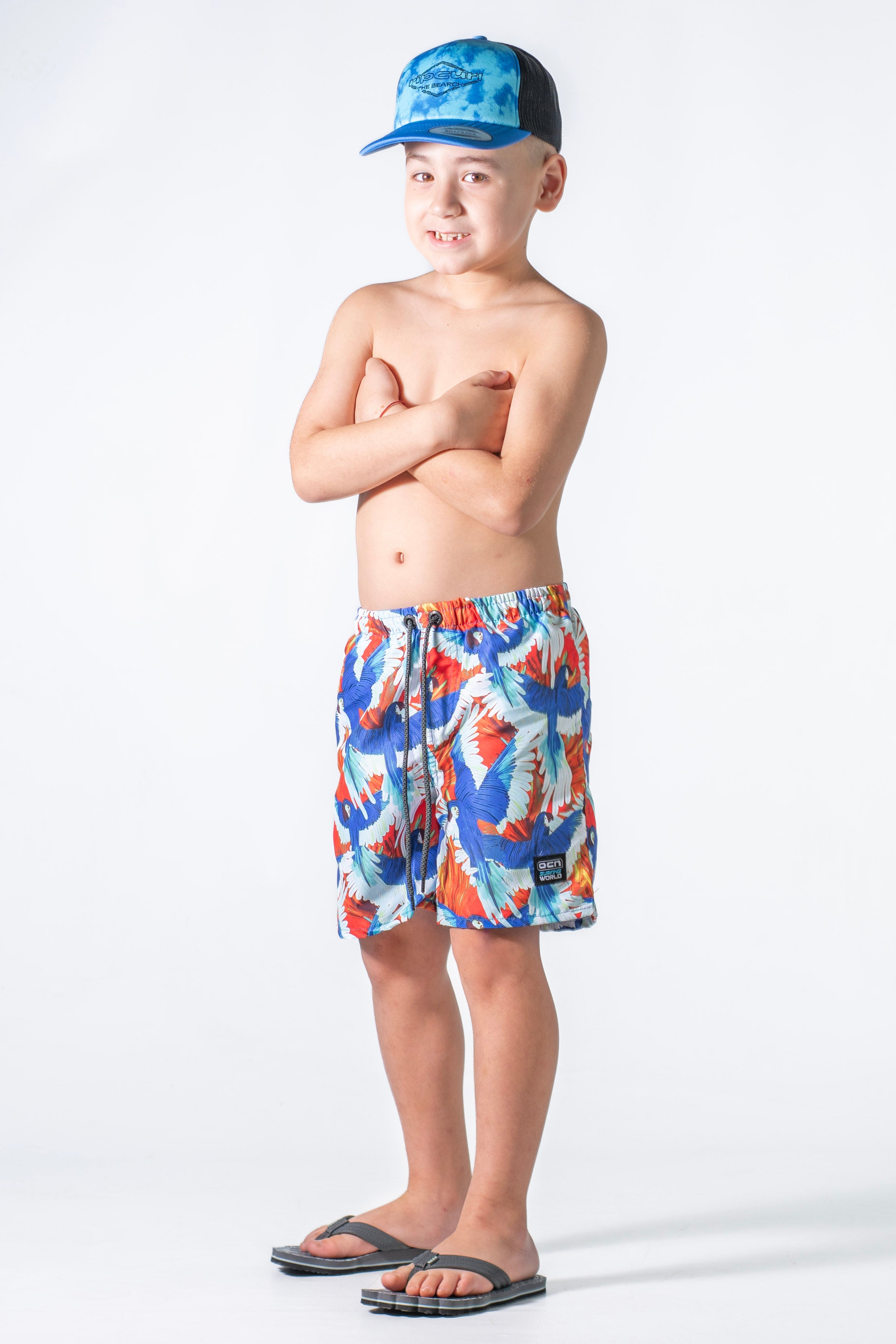 Ocn Canarias Swim Shorts for Men - Tropical Parrot Print Beachwear - Perfect for Swimming, Surfing, and Summer Vacations