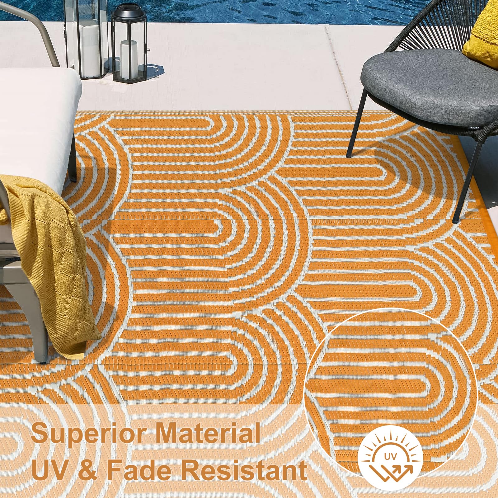 Lahome 5x8 Waterproof Reversible Outdoor Rugs for Patio, RV Camping, Tent, Backyard, Balcony & Deck - Durable Plastic Indoor/Outdoor Carpet in Rainbow Orange - Perfect for Picnics, Beach Trips & Outdoor Gatherings