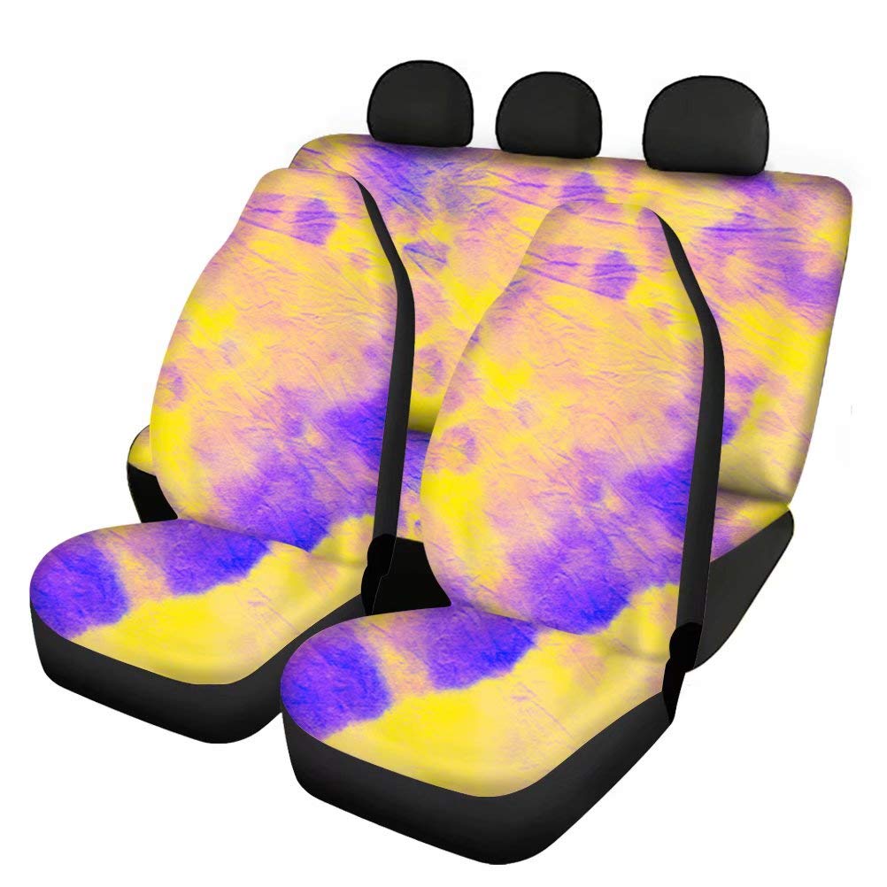 Allcute Universal Fit Full Set Car Seat Protectors - 4-Piece Elastic Car Seat Covers for Women & Girls, Yellow Purple Tie Dye Design | Waterproof Seat Protectors for Cars, SUVs & Trucks | Perfect for Daily Commute, Road Trips & Protecting Leather Seats