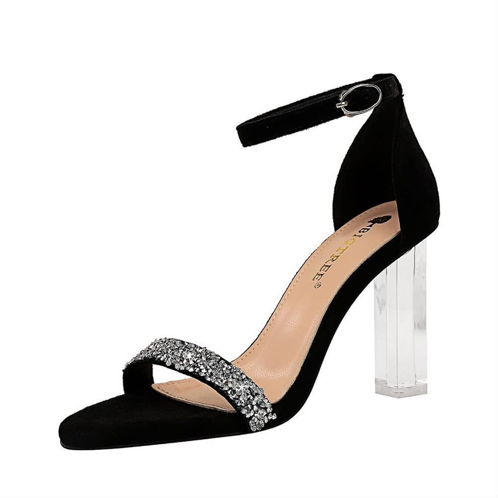 BEILA Women's Clear Heels - Transparent Rhinestone Wedding High Heel Sandals | Pointed Toe Open Pump for Party, Dance, Prom & Evening Dresses | Black (Size 37EU/7US/6UK) | Perfect for Bridal, Cocktail & Special Occasions
