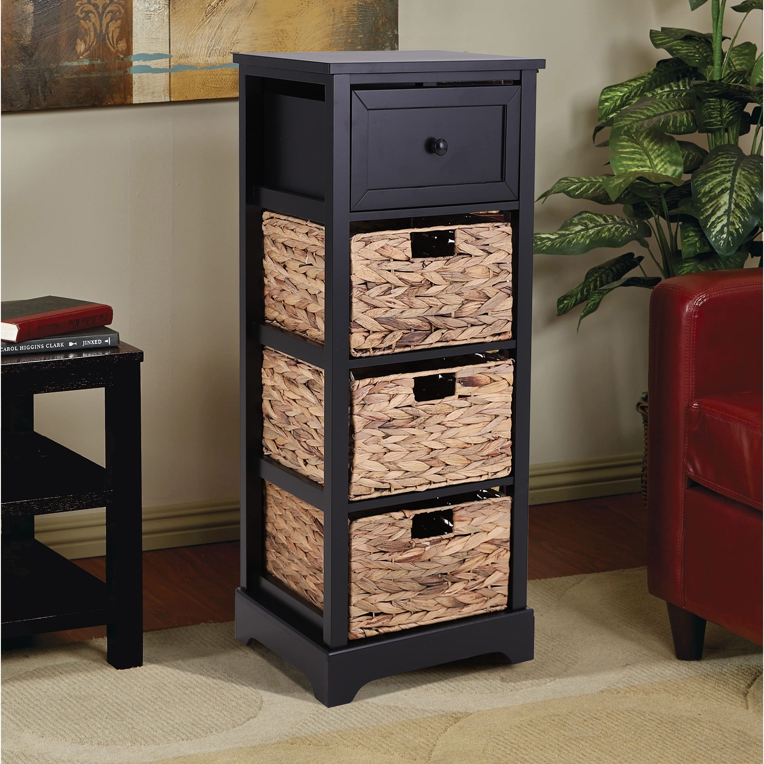 PHI VILLA Farmhouse Style Narrow Storage Cabinet with Rattan Baskets & Drawer - Small Space Organizer for Bathroom, Entryway, Bedroom - Black Accent End Table with Shelves | Perfect for Home Decor, Apartment Living & Dorm Rooms | Organize Towels, Shoes, Books & Essentials | Space-Saving Solution for Compact Areas & Cozy Spaces