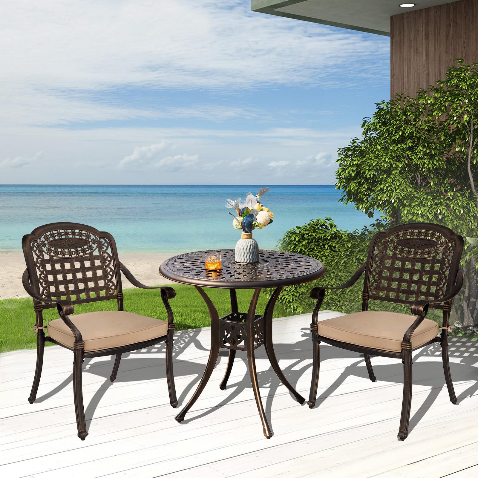 Magic Union 2-Piece Patio Dining Chair Set - Durable Outdoor Cast Aluminum Armchairs with Khaki Cushions for Garden, Backyard & Deck | Perfect for Outdoor Dining, Lounging & Entertaining