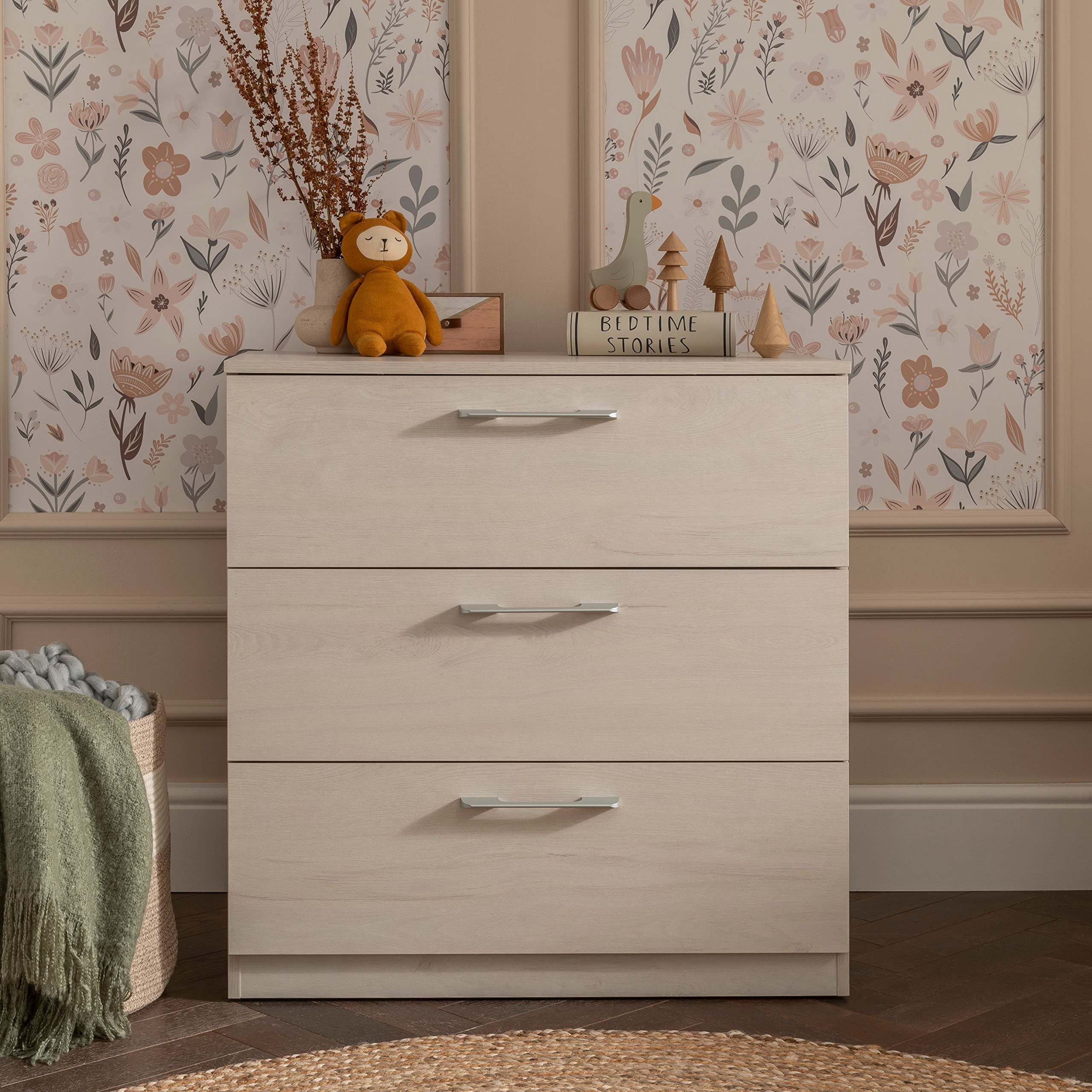 Freya Baby Changing Table with 3 Drawers - 2-in-1 Nursery Dresser & Diaper Changing Station - White Changing Table with Silver Handles - Perfect for Baby Rooms & Nursery Organization - Space-Saving Baby Changing Dresser for Newborn Essentials Storage