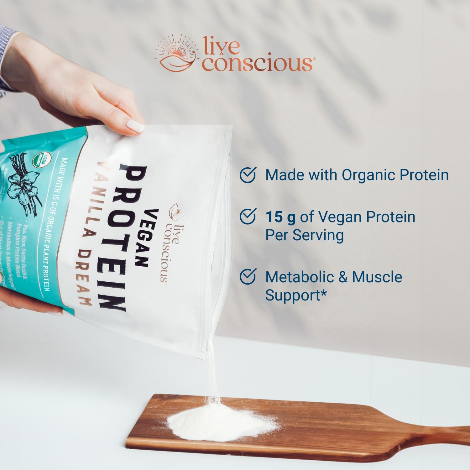 Live Conscious Vegan Pea Protein Powder - Vanilla Dream Flavor | Plant-Based Protein Blend with Pea, Brown Rice, Pumpkin & Sacha Inchi | 20 Servings (18 oz) | Post-Workout Recovery, Smoothie Booster & Healthy Meal Replacement