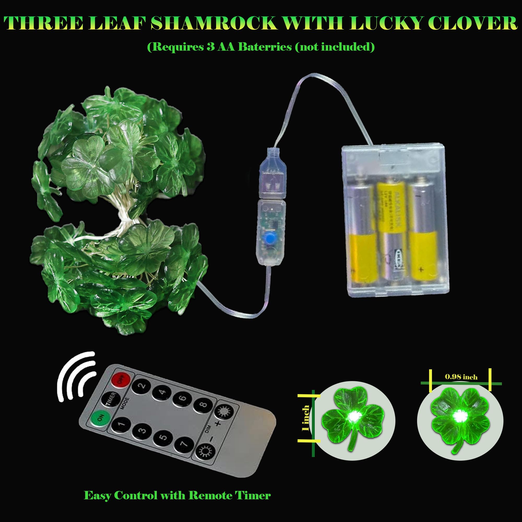 St. Patrick's Day Shamrock String Lights - 10ft 30 LED Green Clover Fairy Lights with USB/Battery Power for Home Decor, Party, Parade & Nightlight | Indoor/Outdoor Spring Festival Decorations