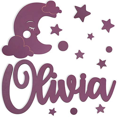 Personalized Wooden Name Sign for Nursery Decor - Custom Baby Room Wall Art with Moon Design, 18 Colors & 4 Fonts | Perfect for Above Crib, Baby Shower Decorations, Gender-Neutral Gifts for Newborns - 24