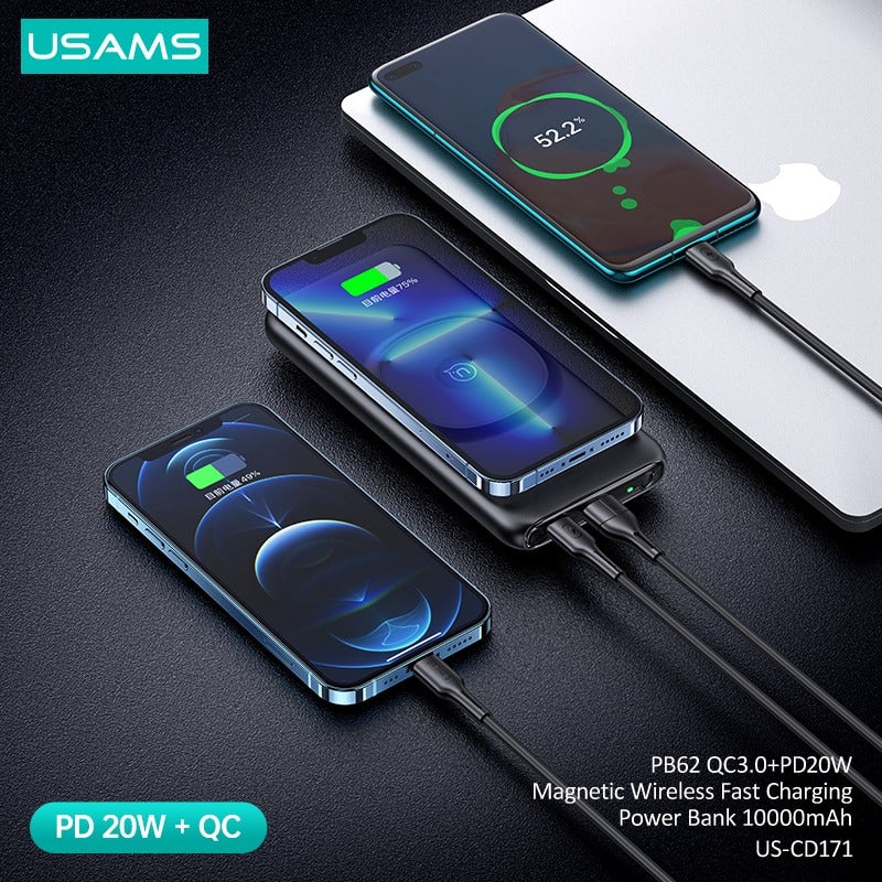 USAMS 10000mAh Magnetic Wireless Fast Charging Power Bank - Portable Charger for iPhone 15/14/13/12, Samsung Galaxy, AirPods | Perfect for Travel, Camping & Emergency Backup