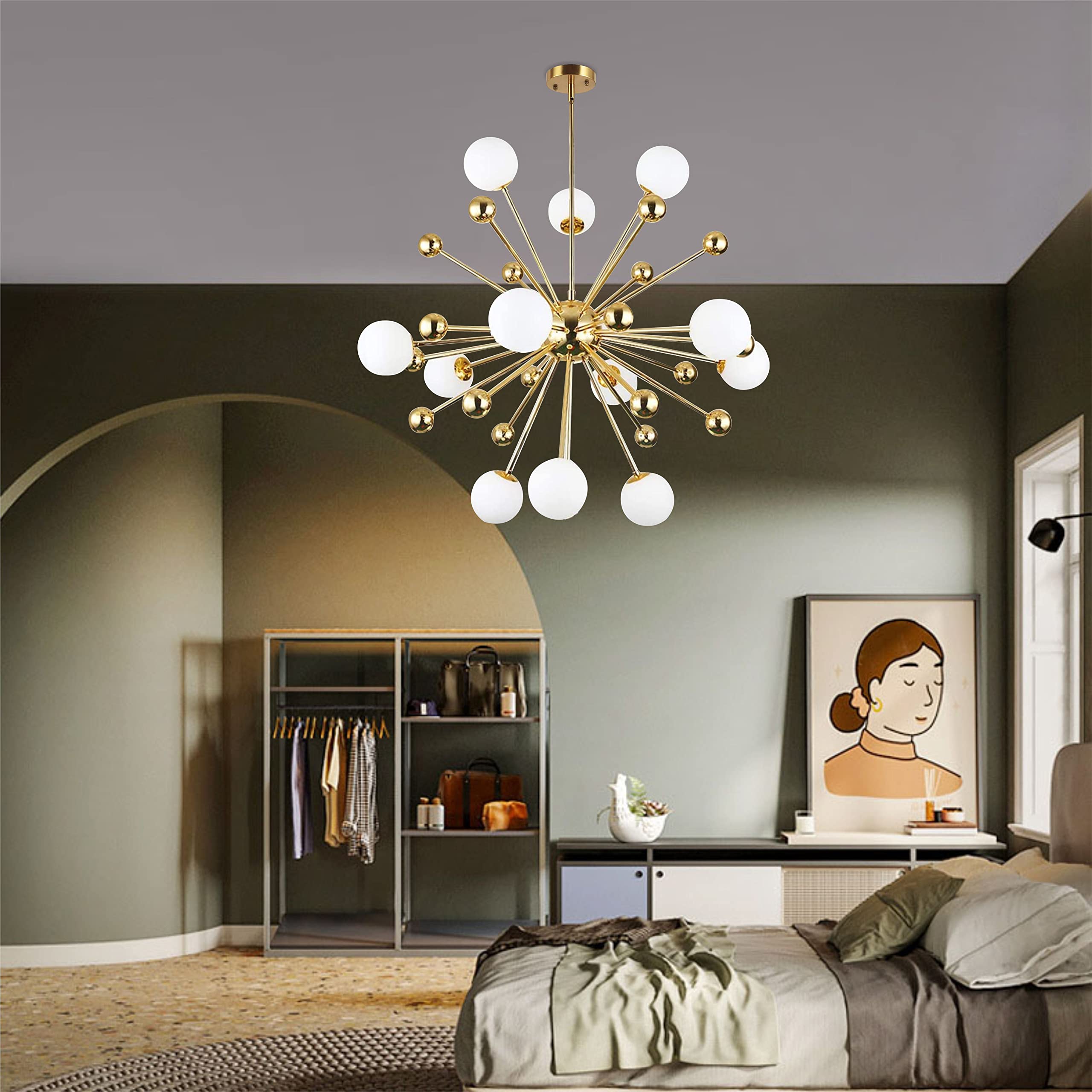 Modern Gold Sputnik Chandelier - 12-Light Milk Glass Globe Pendant Light Fixture - Mid Century Starburst Chandelier for Dining Room - Contemporary Ceiling Hanging Lamp - Perfect for Living Room, Bedroom & Kitchen Lighting Decor