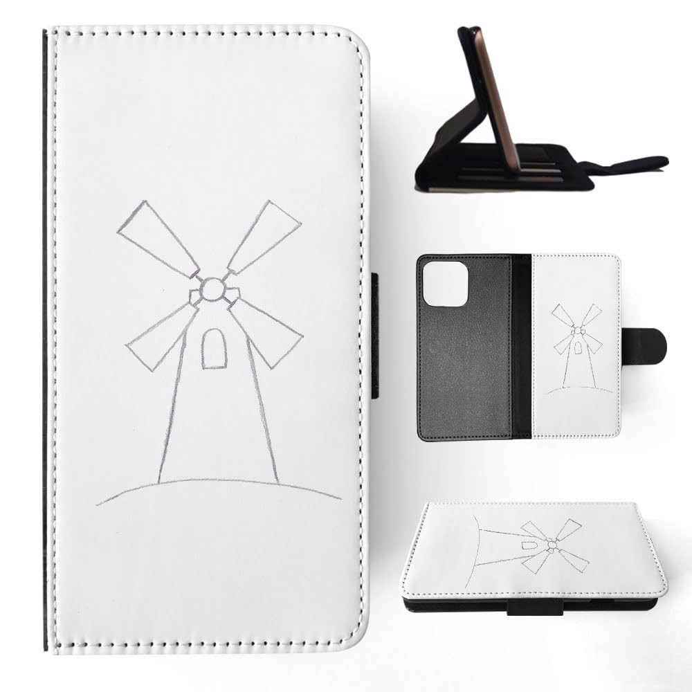 Windmill Sketch Drawing Hard Flip Wallet Phone Case for Apple iPhone 15 Pro Max - Stylish Protective Cover with Card Slots for Everyday Use