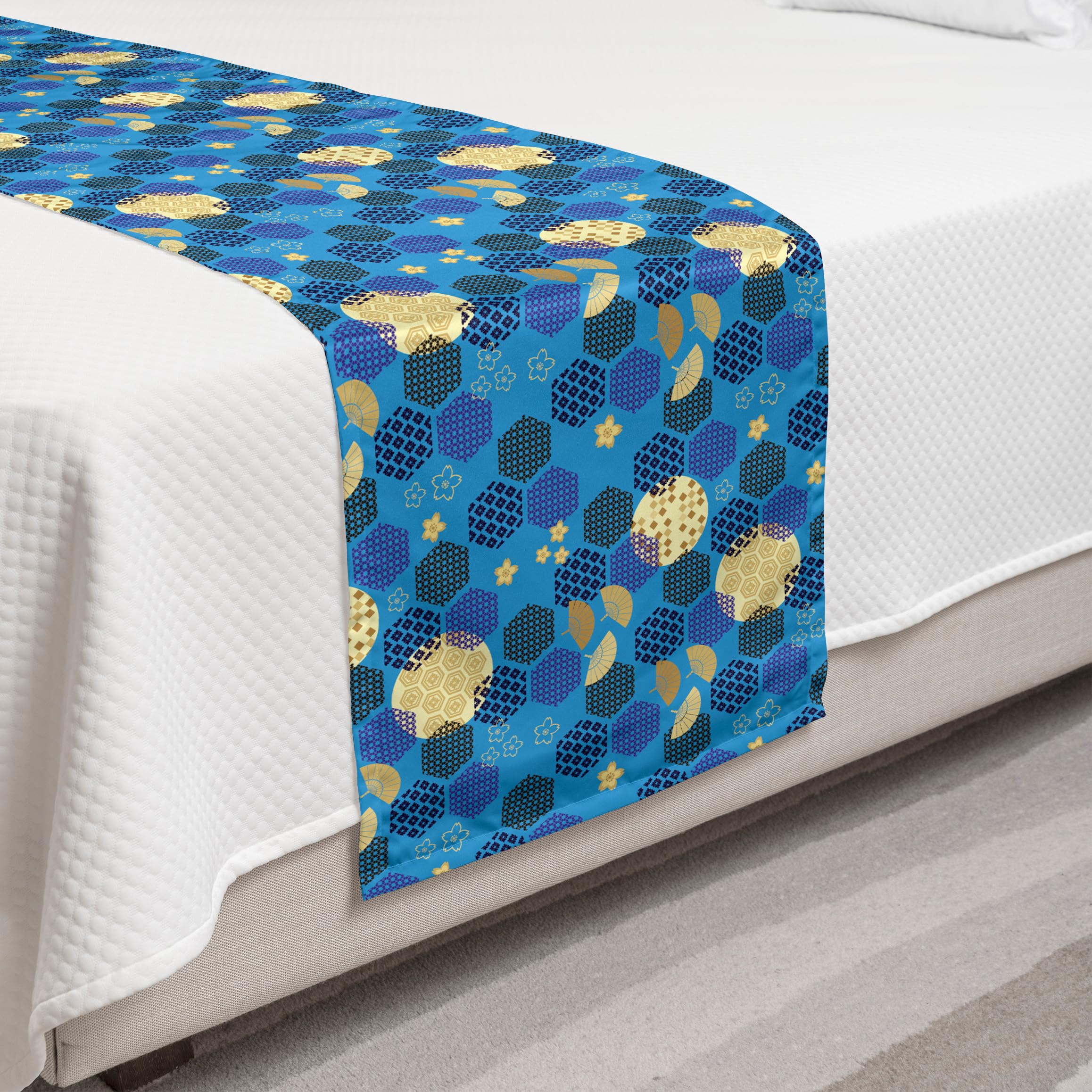 Ambesonne Japanese Bed Runner - Folkloric Hexagon Ethnic Fans & Floral Asian Art Design, Decorative Bed Scarf for Hotels, Homes & Guest Rooms in Azure Blue & Multicolor | Perfect for Boho, Asian-Themed & Vintage Bedroom Decor