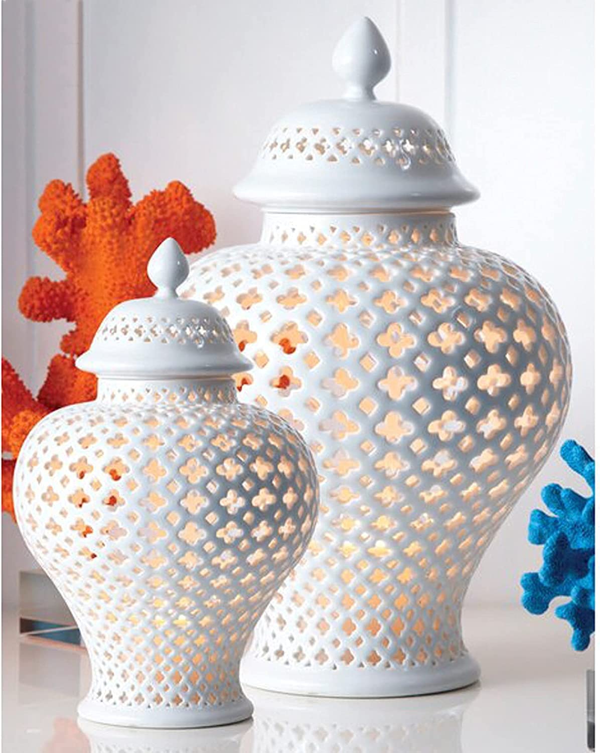 XXLKAIF Set of 2 White Porcelain Ginger Jars with Lattice Design Lidded Decorative Vases - Perfect for Home Decor, Wedding Centerpieces & Boho Chic Interior Styling