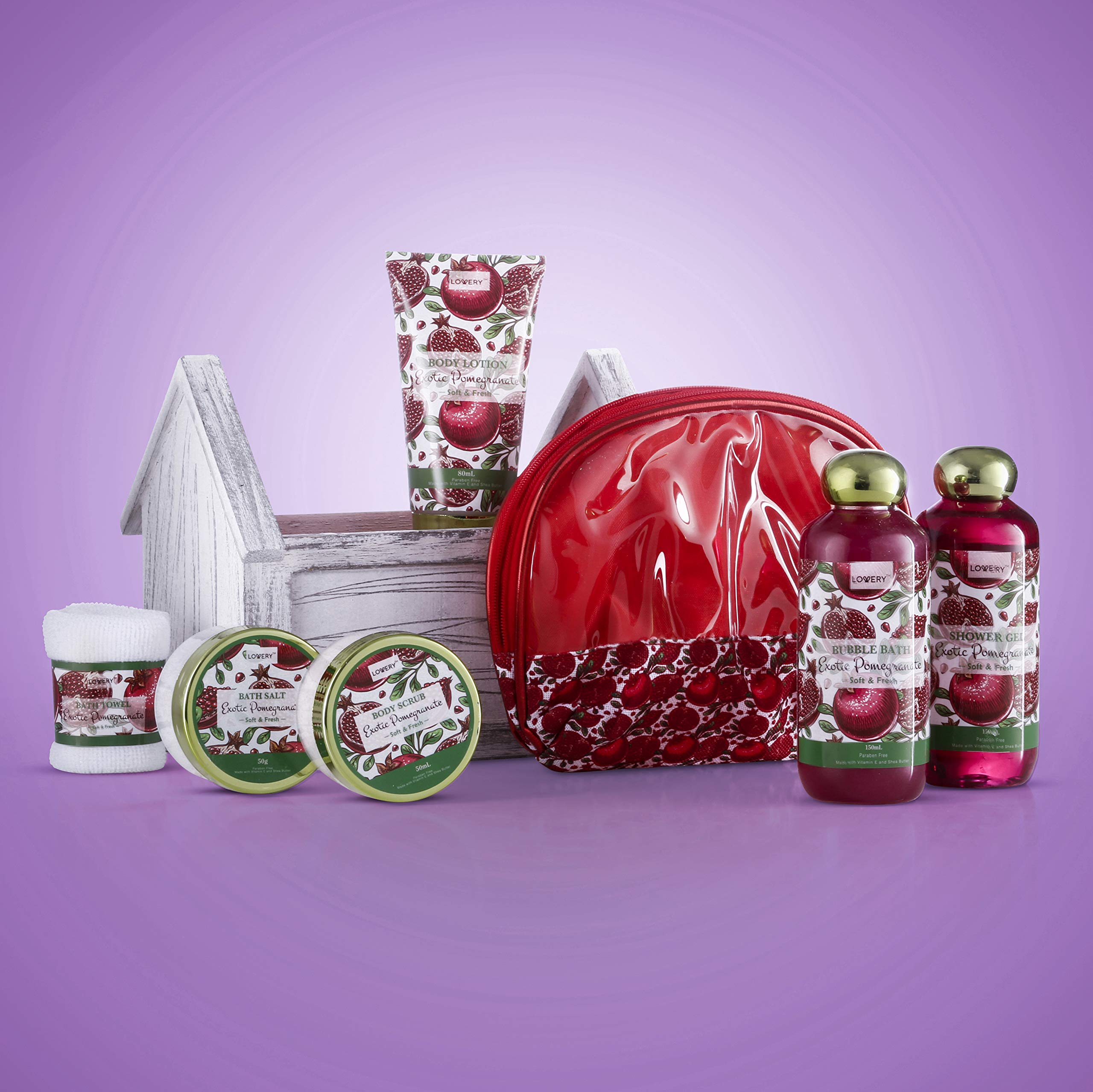 Luxury 8-Piece Spa Gift Set for Women - Exotic Pomegranate Scented Bath & Body Care (Shower Gel, Bubble Bath, Lotion, Bath Salt, Body Scrub, Towel & Cosmetic Bag) - Perfect Housewarming Gift, Bridal Shower Present & Relaxing Self-Care Treat