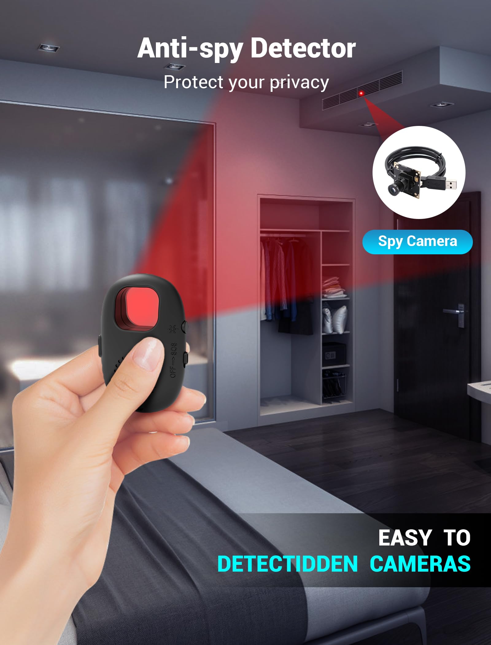 **Hidden Camera Detector - Anti Spy Device Finder for Hotel, Travel, Home, Airbnb | Portable Bug Detector for Bedroom, Bathroom & Office | Black**    *(Perfect for Travelers, Privacy Protection, Security Checks & Suspicious Area Scans)*