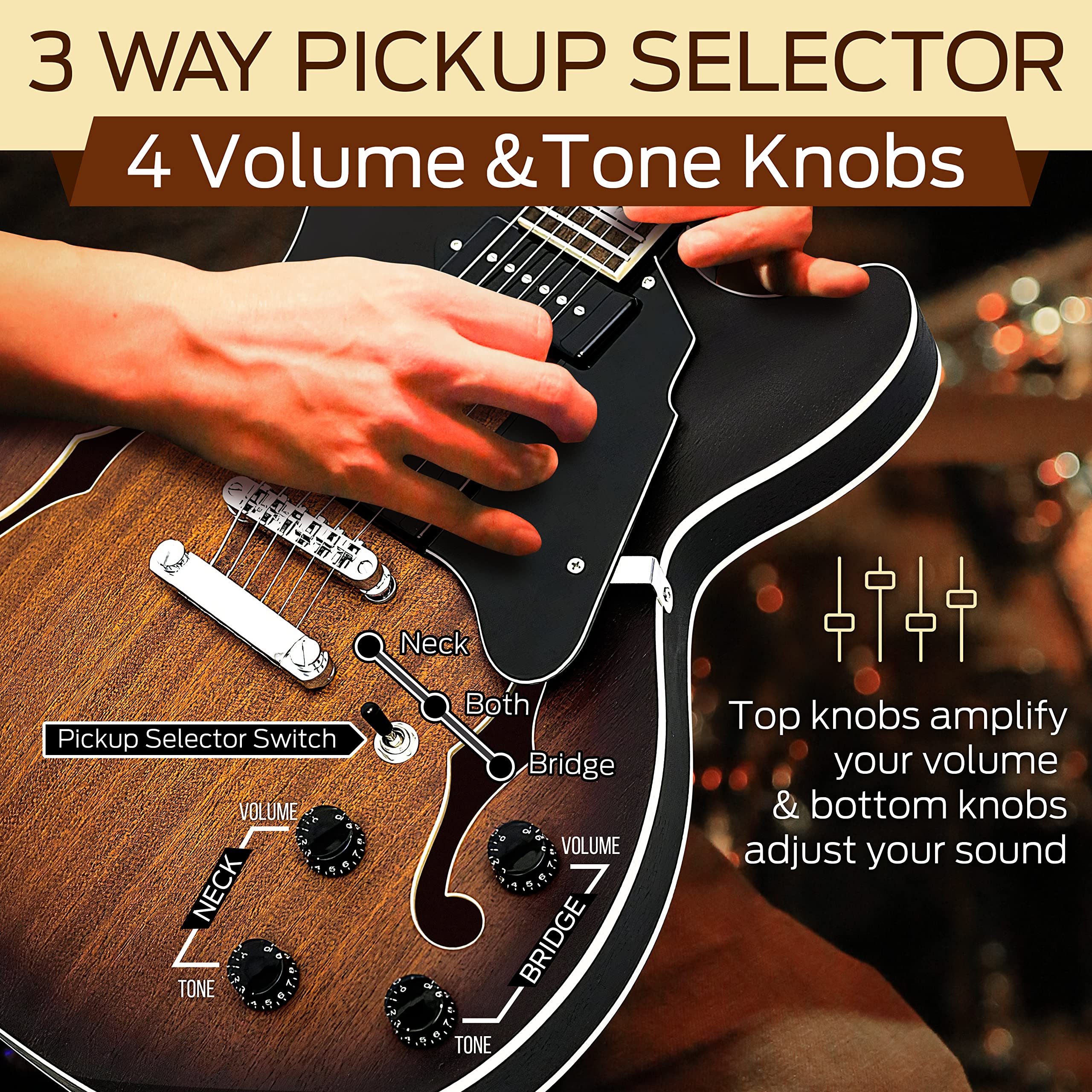 Pyle Semi Hollow Body Electric Guitar Kit - 6 String Jazz Style Full Size (41.8