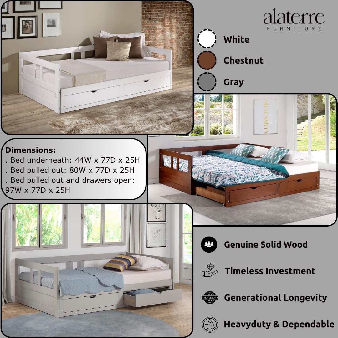Alaterre Furniture Melody Extendable Pine Trundle Daybed with Underbed Storage - White Twin to King Size - Kids Bedroom Furniture Set with Headboard - Perfect for Guest Rooms, Dormitories & Small Spaces