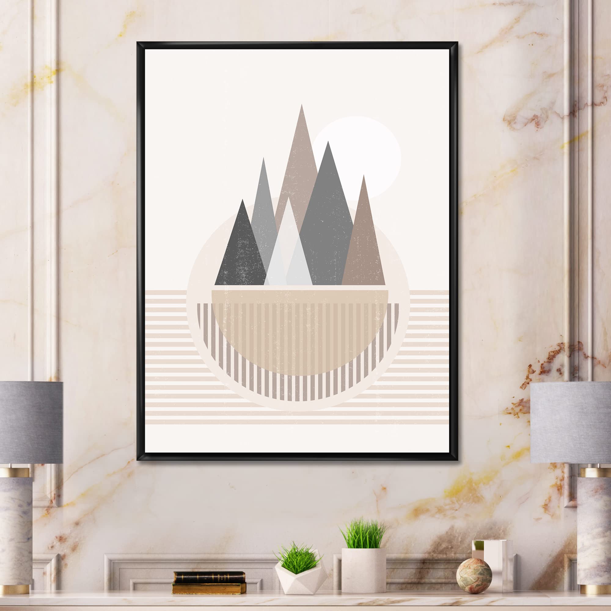 Abstract Sun and Moon In Mountains III - Modern Framed Canvas Wall Art Print for Living Room & Bedroom Decor
