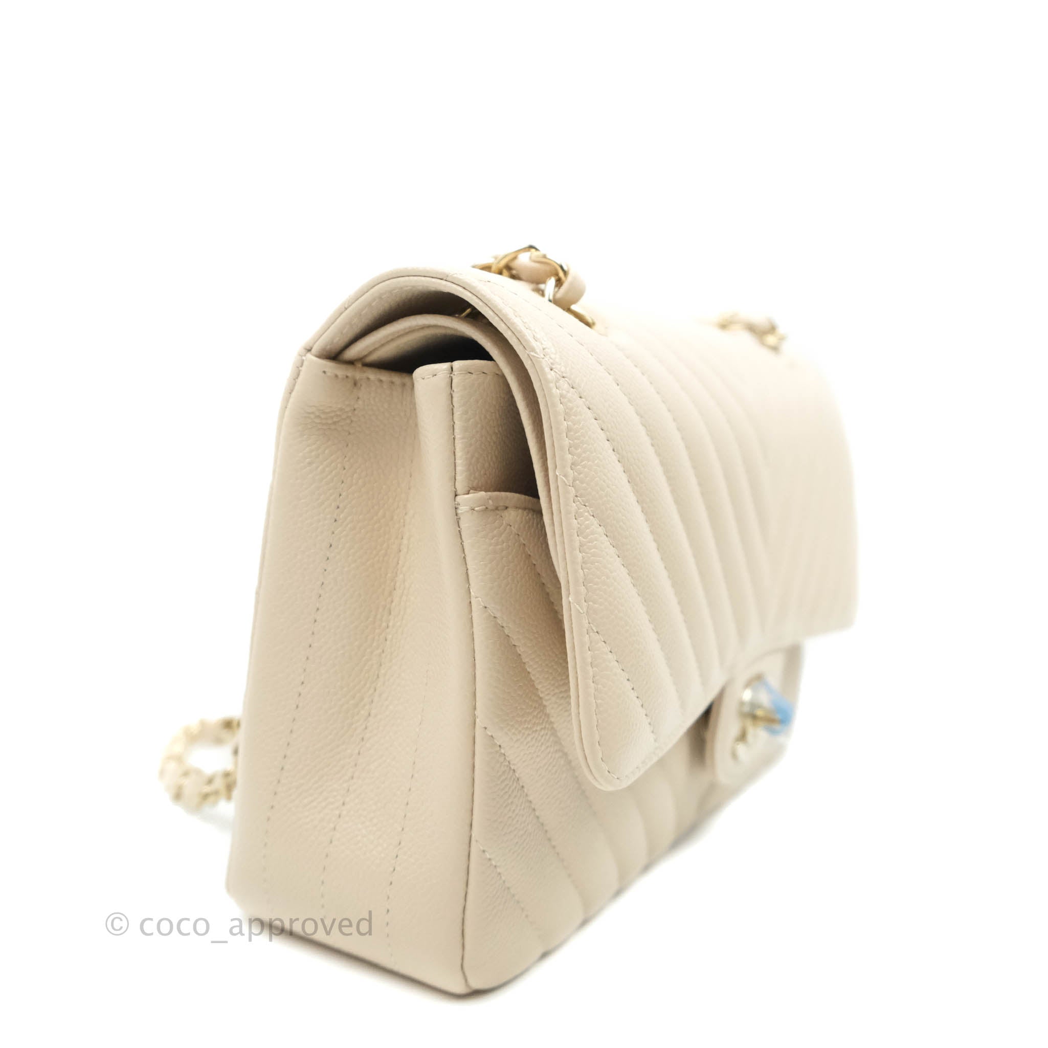 Chanel Classic Medium Double Flap Bag - Chevron Light Beige Caviar Leather with Gold Hardware (20B Collection) | Luxury Crossbody Purse for Women, Perfect for Date Nights & Special Occasions