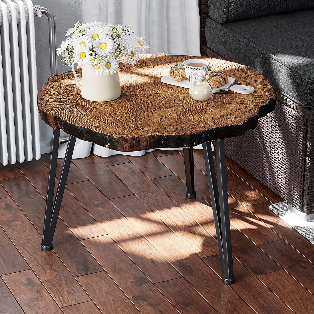 Outdoor Coffee Table - Round Faux Wood Side Table with Oak Finish & Triangular Metal Base - Lightweight End Table for Living Room, Bedroom, Balcony (31.5