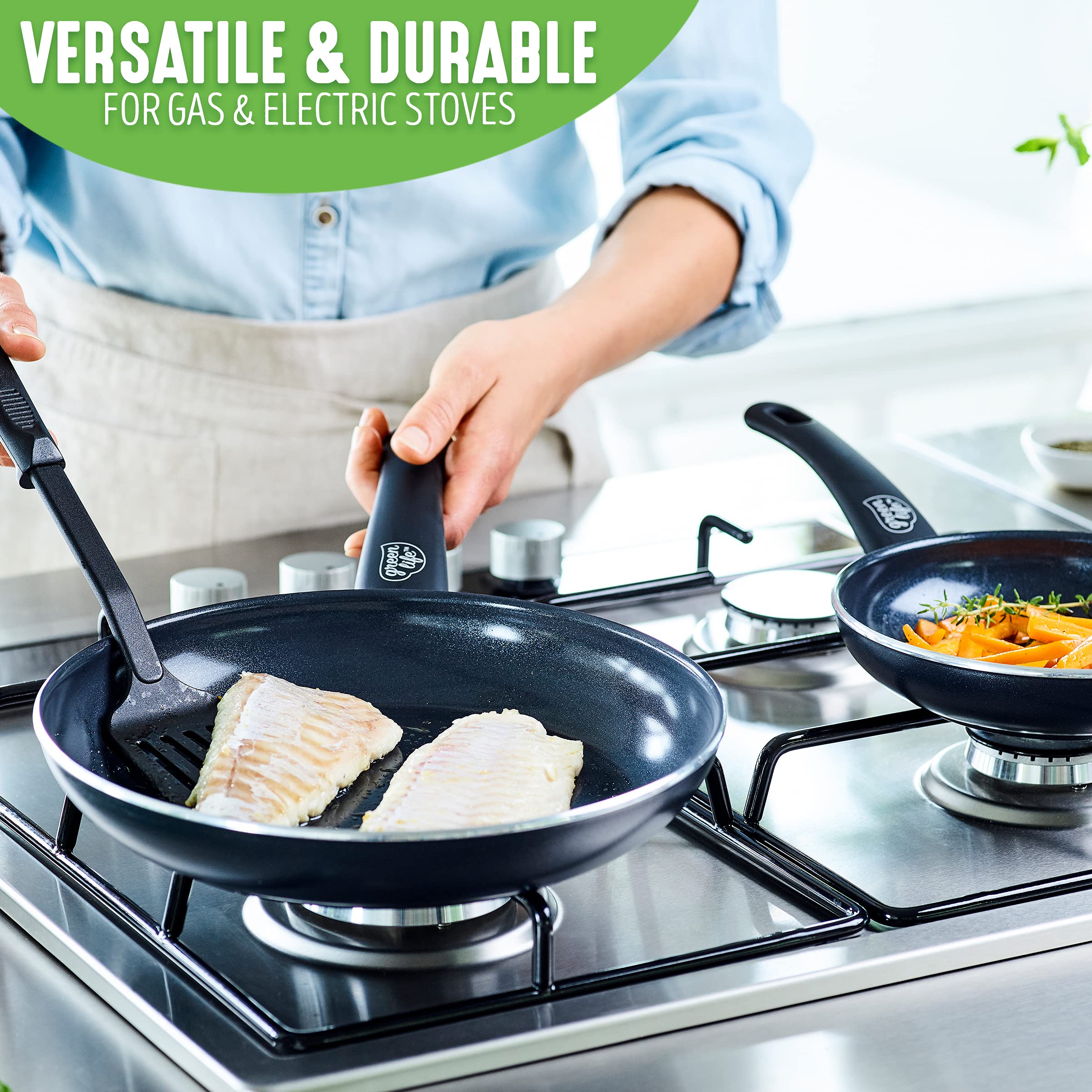 GreenLife Soft Grip Healthy Ceramic Nonstick 12-Piece Cookware Set - PFAS-Free Pots, Pans & Kitchen Utensils with Lids, Dishwasher Safe, Black | Perfect for Sauteing, Frying & Everyday Cooking