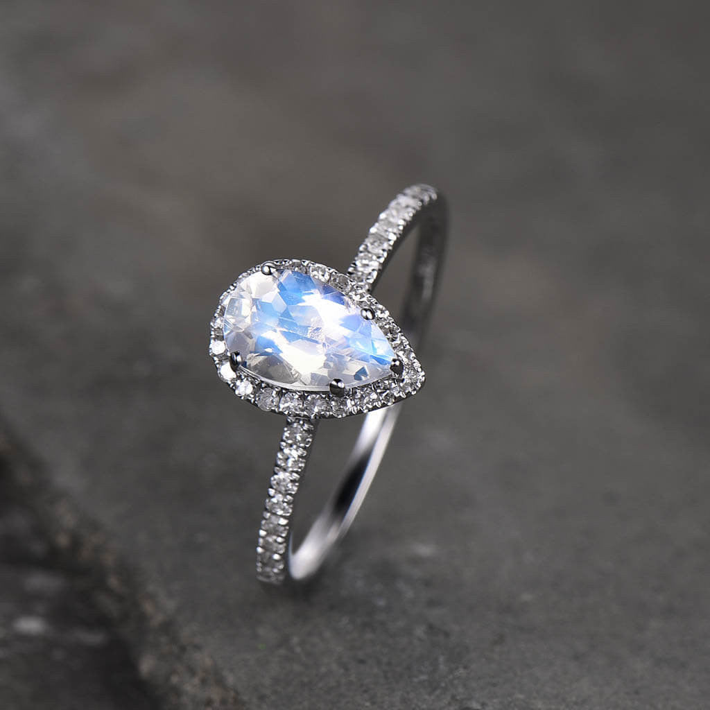 18K White Gold Water Drop Moonstone Ring with Diamond Halo | European & American Fashion Jewelry for Women | Perfect for Weddings, Parties & Everyday Elegance
