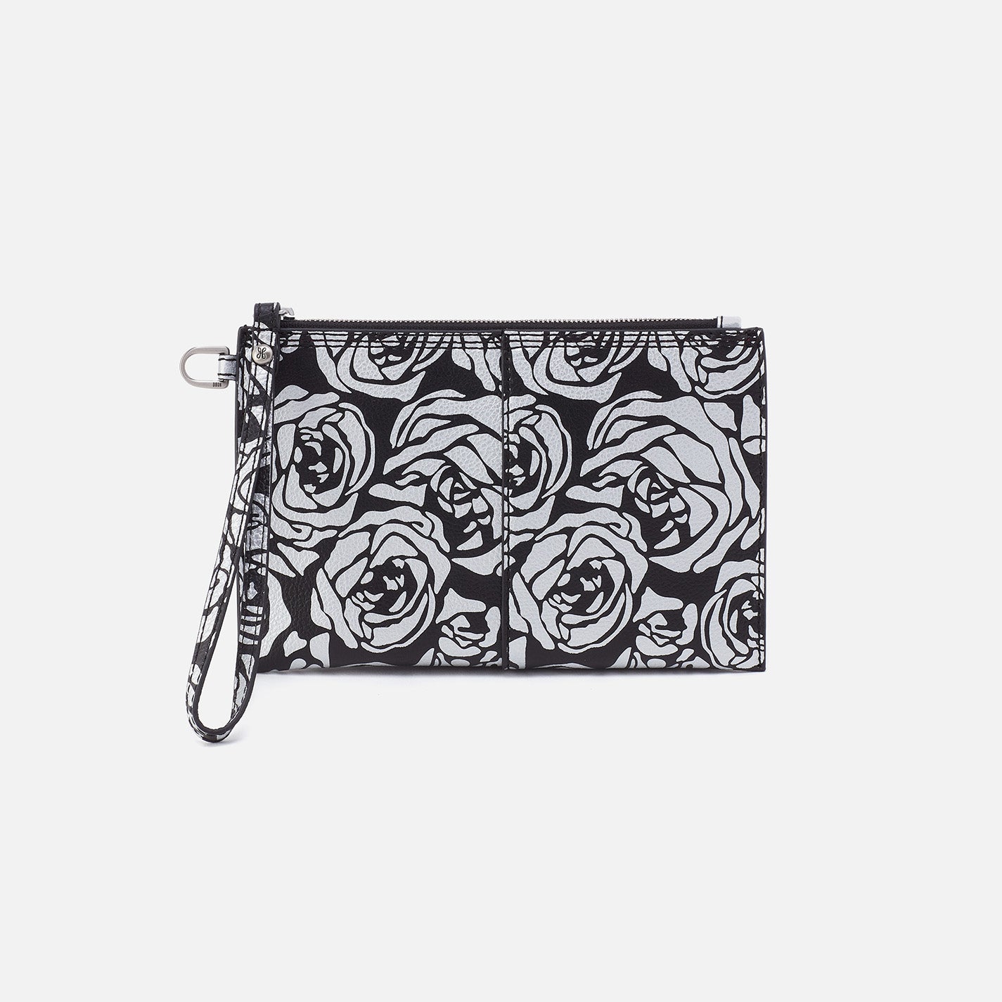 Vida Small Pouch in Micro Pebbled Leather - Silver Rose Print | Compact Wristlet Clutch for Women | Perfect for Parties, Weddings & Everyday Use