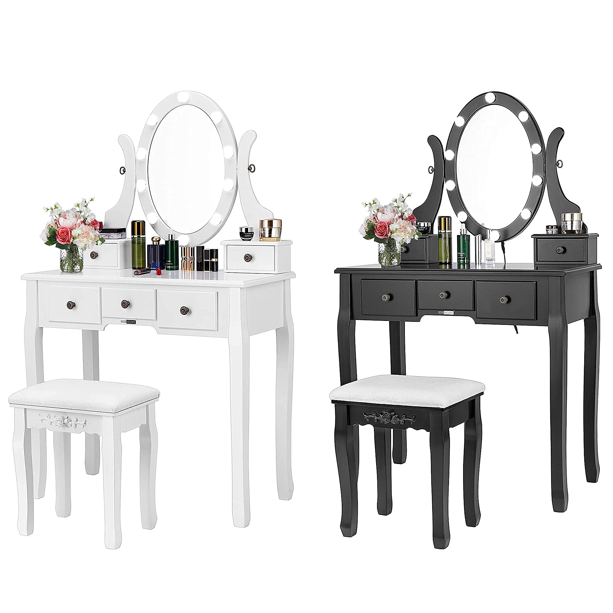 VIVOHOME LED Makeup Vanity Table Set with Mirror and Drawers - Black & White Dressing Table for Bedroom, Perfect for Applying Makeup & Skincare Routine