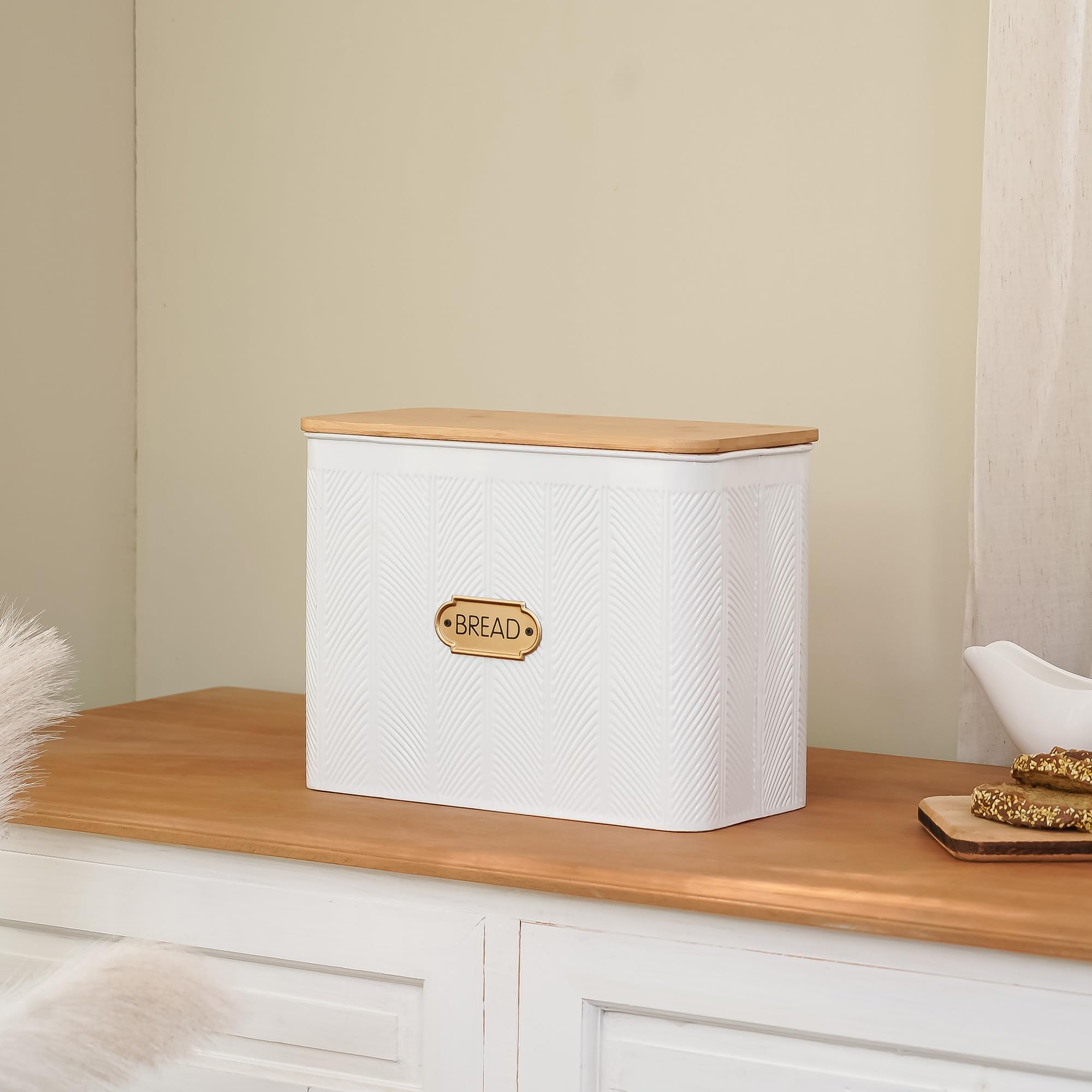 NIKKY HOME Extra Large Farmhouse Bread Box with Wood Lid - Holds 2 Loaves - Vertical Space Saving Bread Storage Bin for Kitchen Countertop - Perfect for Organizing Bread, Baguettes & Pastries in White