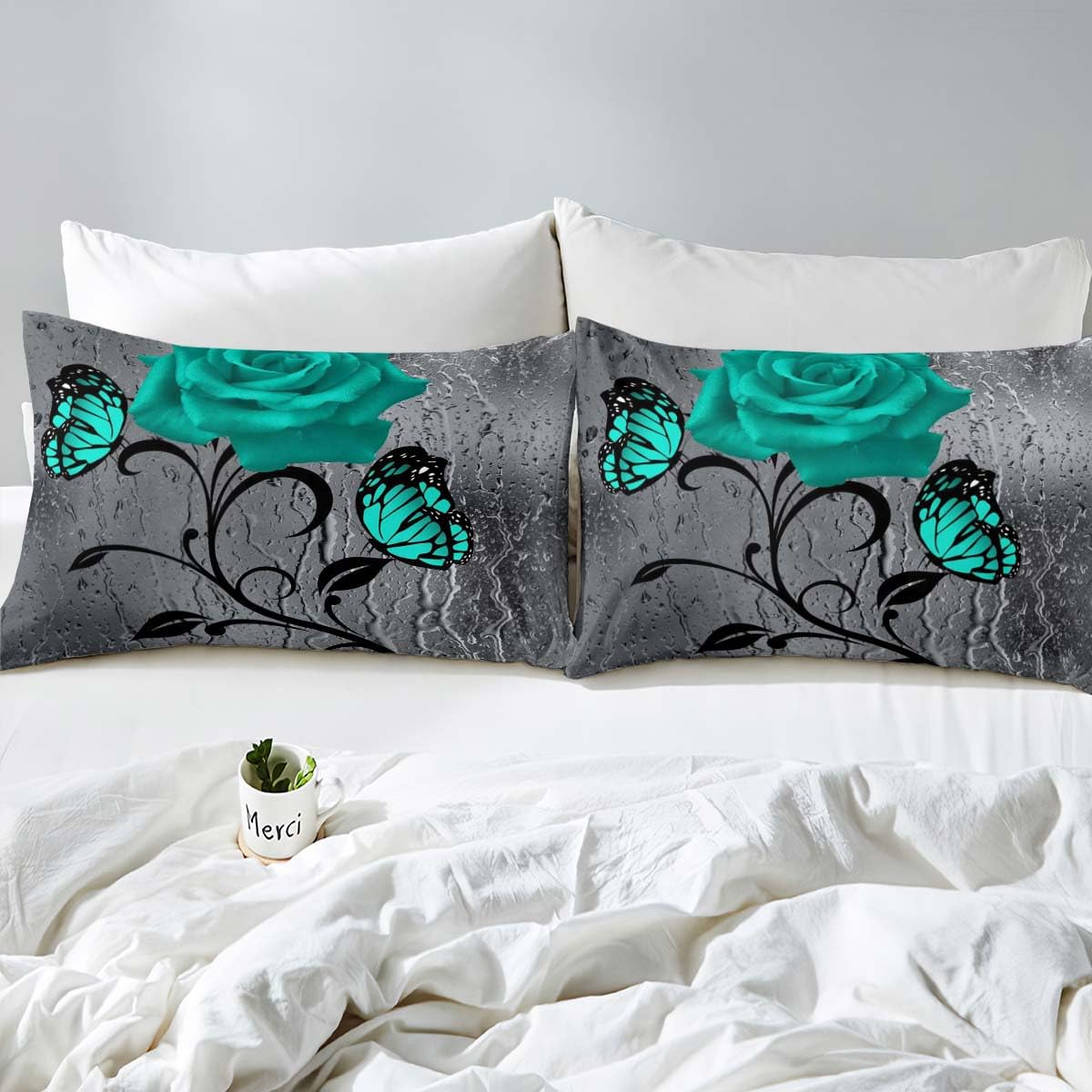 VIVIHOME 3-Piece Teal Rose Queen Duvet Cover Set with Grey Floral Butterfly Design - Modern Turquoise Bedding for Women's Bedroom Decor (Includes 2 Pillowcases) - Perfect for Master Bedroom, Guest Room & Cozy Home Decor