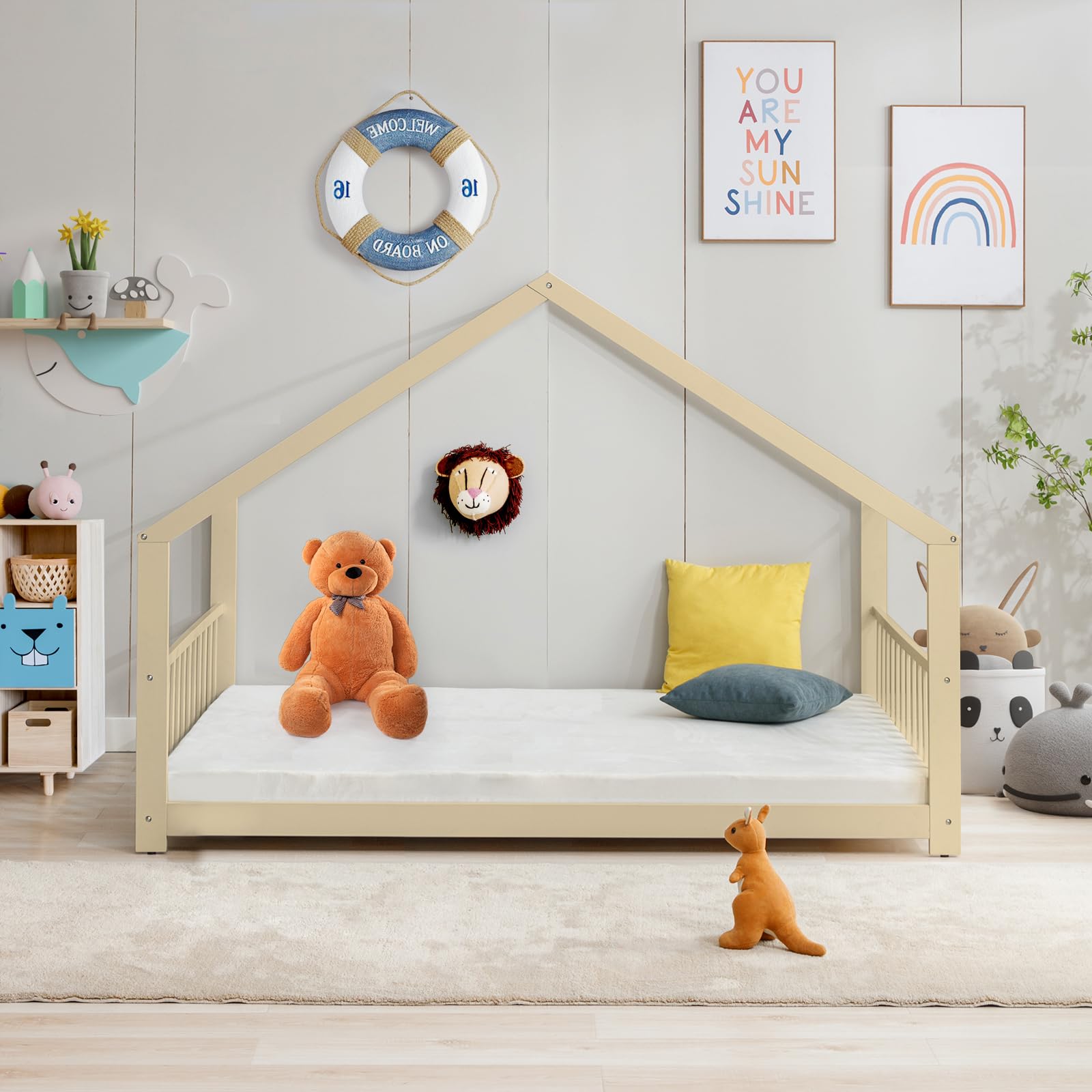 Montessori Floor Bed Full Size - Wooden House Bed Frame with Roof for Kids - Natural Wood Toddler Bed for Boys & Girls - Perfect for Bedrooms, Playrooms & Montessori Learning Spaces