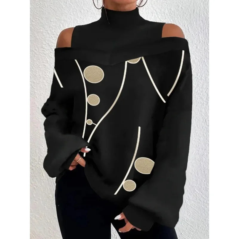 2024 Women's Long Sleeve Turtleneck Tops - Sexy Off Shoulder Hollow Out Loose Print T-Shirt | Autumn Fashion Casual Wear for Date Night, Office & Weekend Outfits